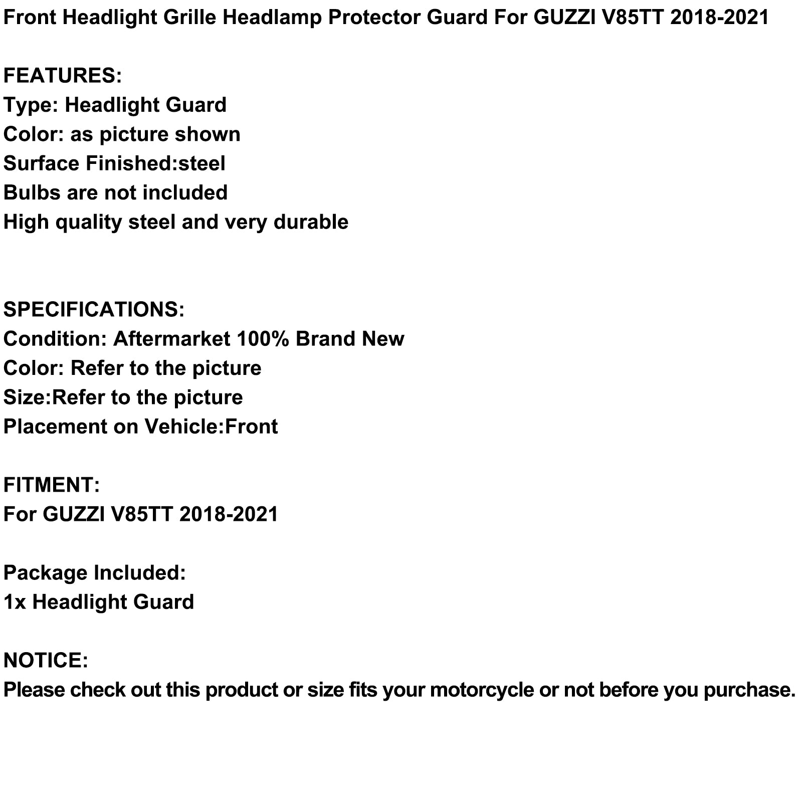 Front forlygter gitter forlygter beskytter beskyttelse sort til Guzzi V85tt 18-21 19 Generisk