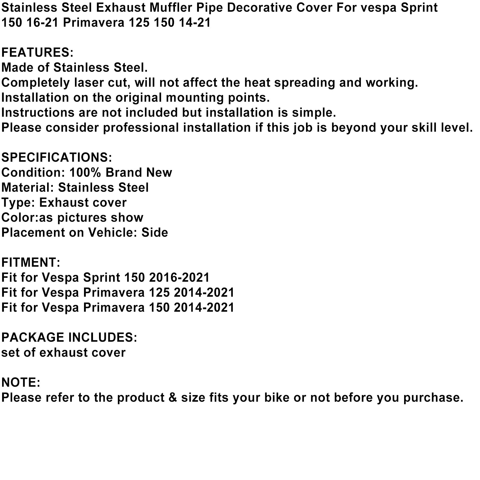 Auspuff-Seiten-Bracker-Abdeckung Stahl Dekorative Abdeckung für Vespa Sprint 150 16-21 Generic