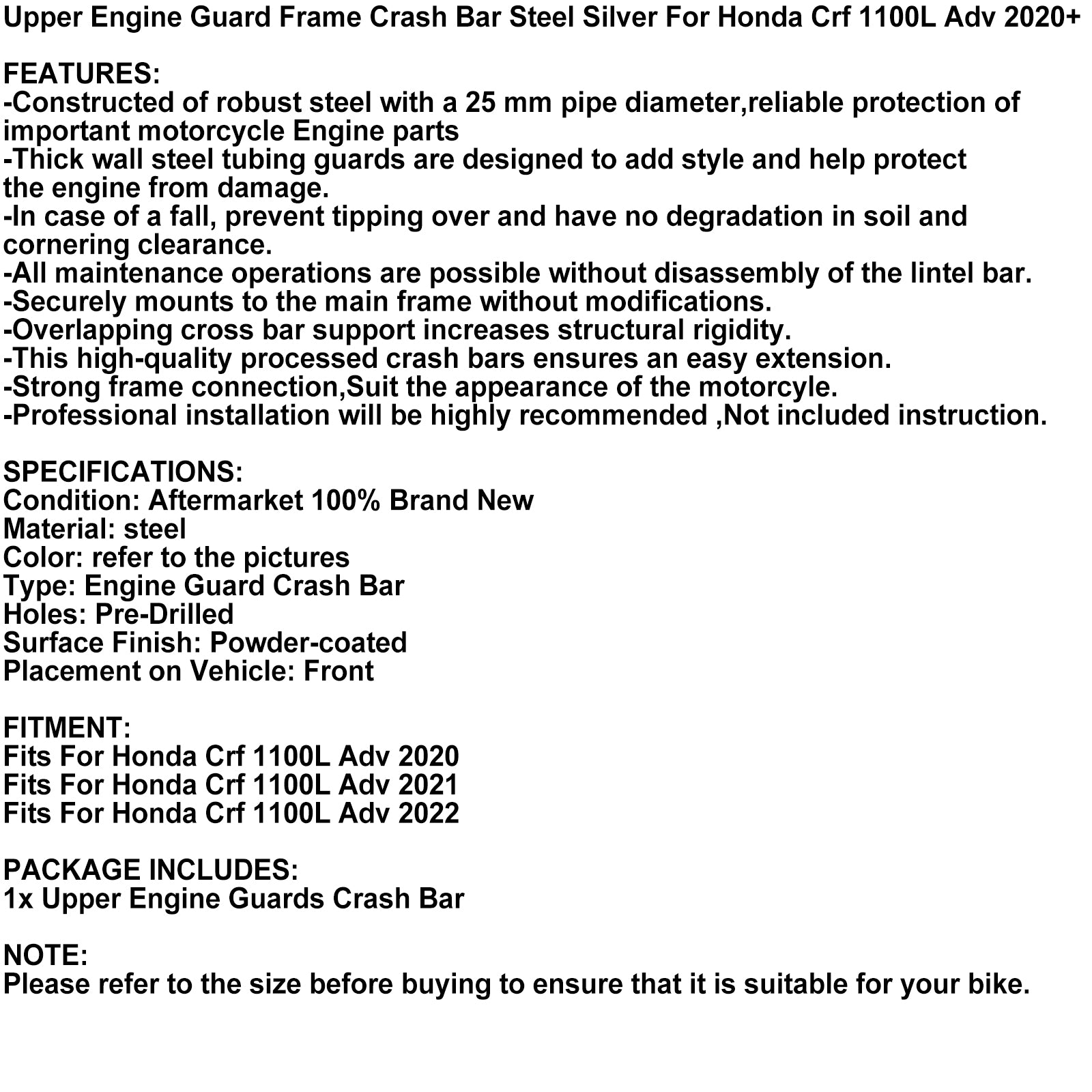 Protezione motore telaio superiore barra di protezione argento per Honda Crf1100L Adv 20+ 22 generico