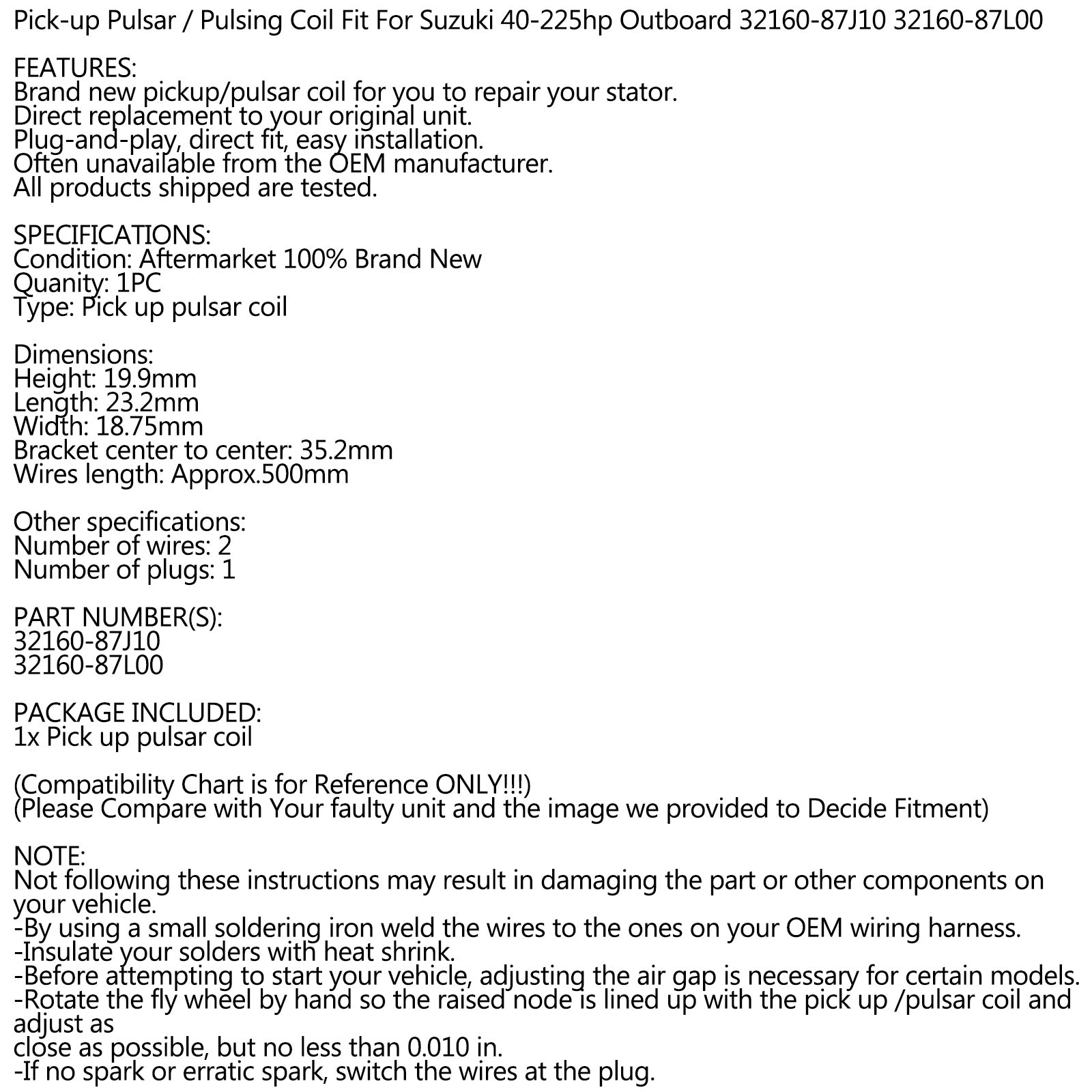 STATOR PICK-UP PULSAR Coil ajustement pour Suzuki 40-300HP 4 temps Outboard 32160-87J10
