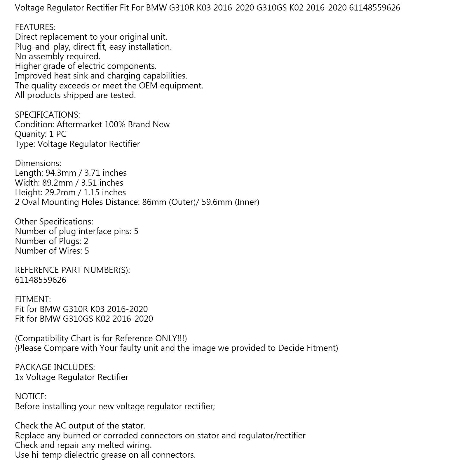 Spannungsregler für BMW G310R K03/G310GS K02 2016-2020 61148559626 Generikum