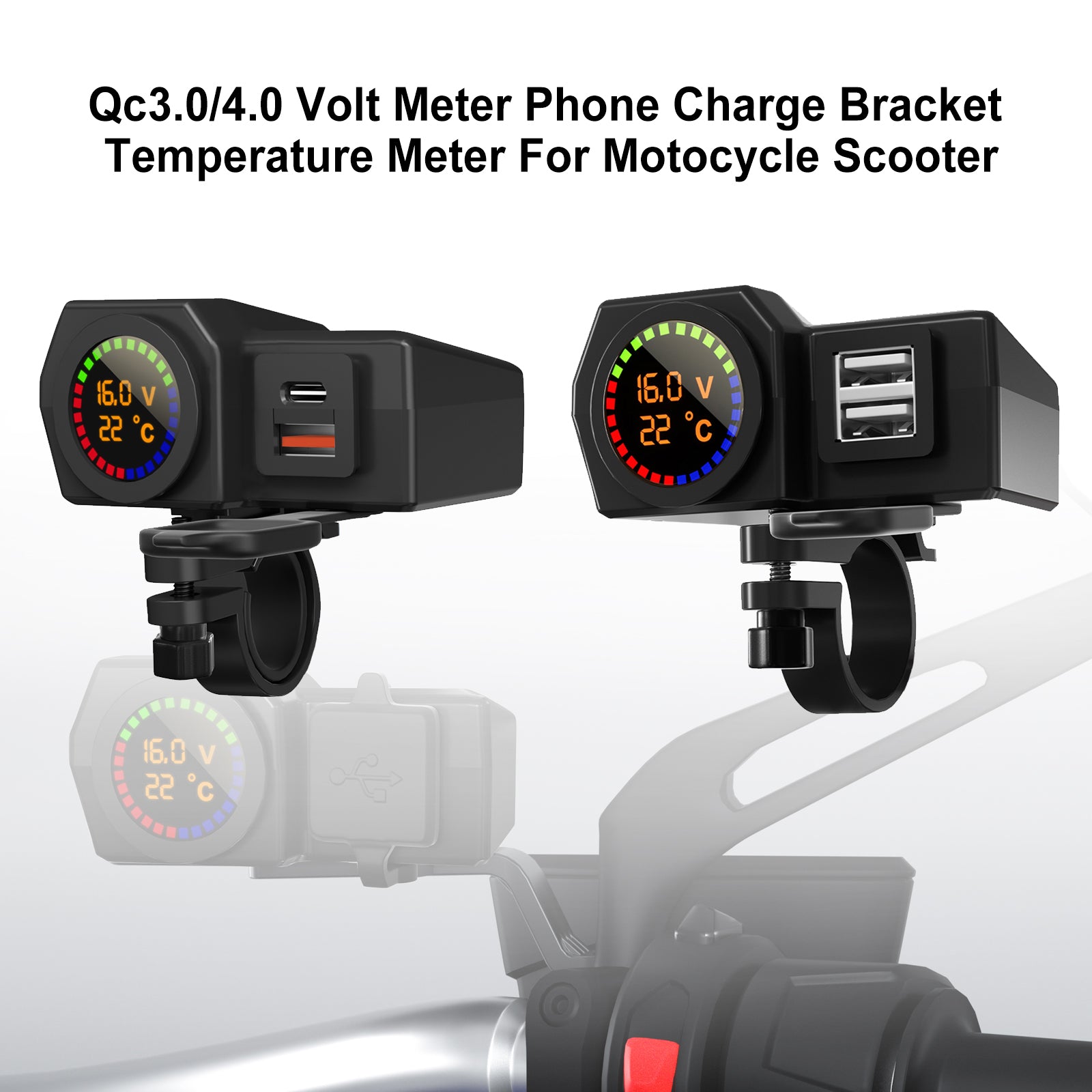 QC3.0 volt meter telefonoplader Bracket temperaturmåler til motorcykel scooter sort generisk