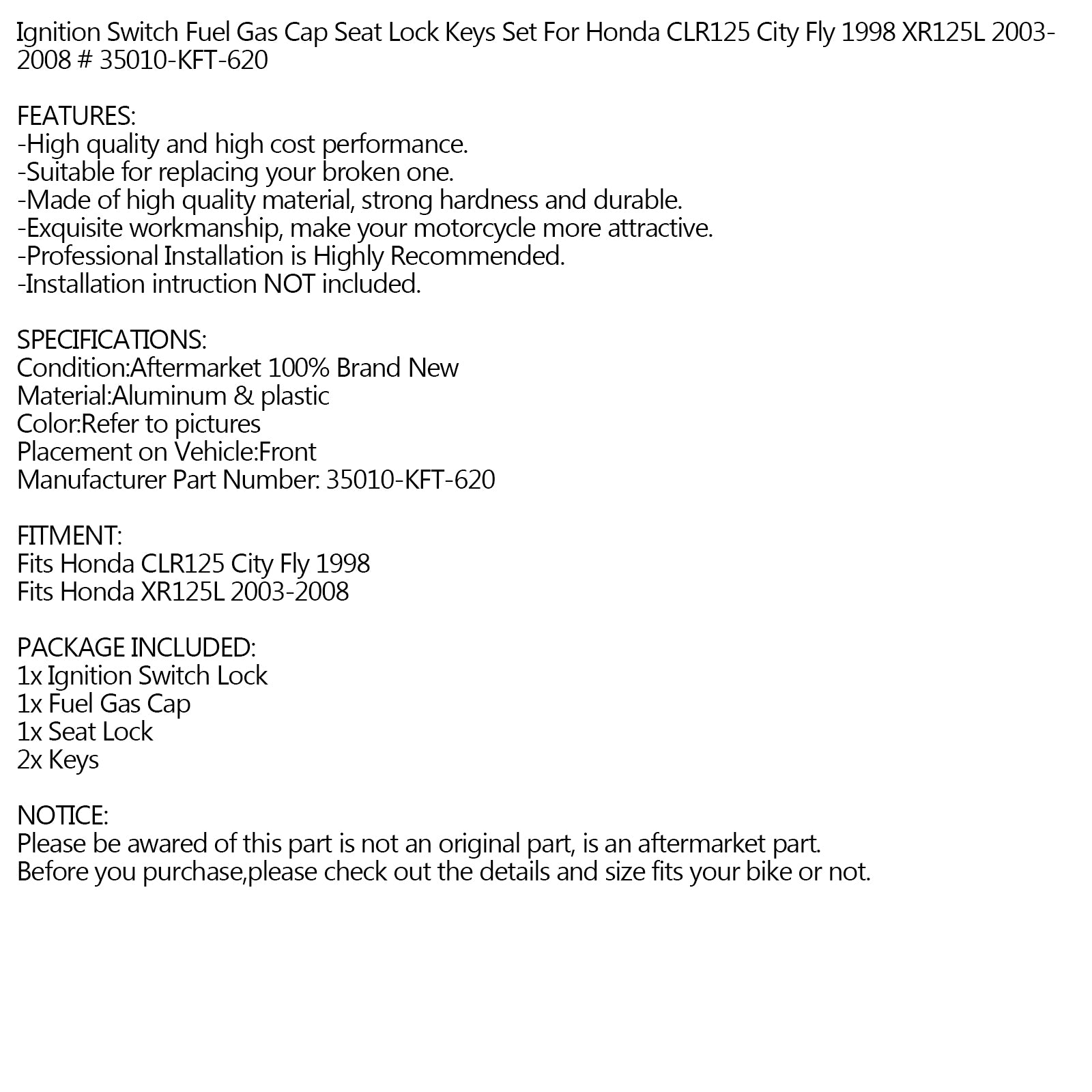 点火スイッチ燃料キャップシートロックキーセットホンダ XR125L 03-08 CLR125 1998