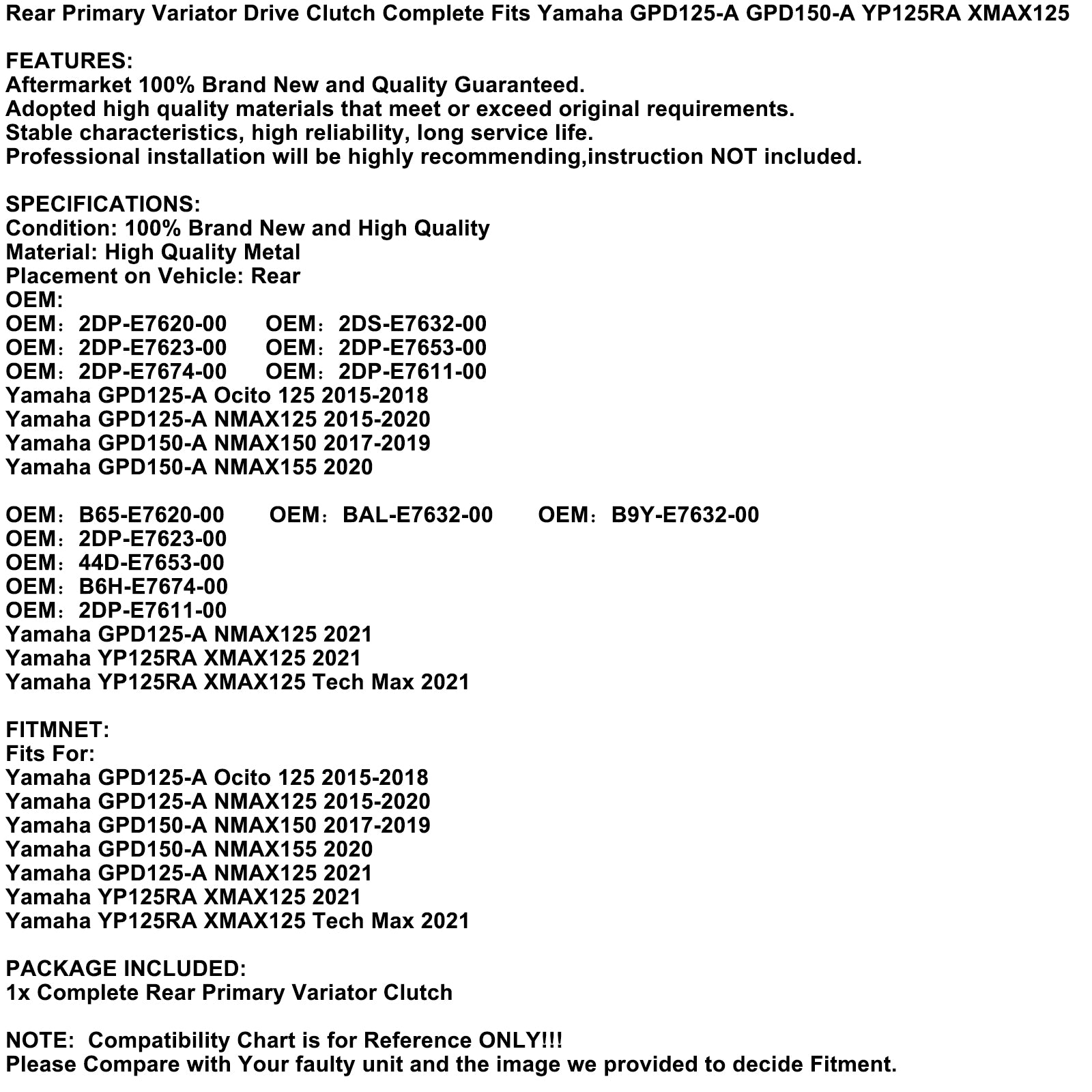 Variatore Frizione Posteriore Primaria Per Yamaha Gpd125-A Gpd150-A Nmax 150 Nmax 125 Yp125R