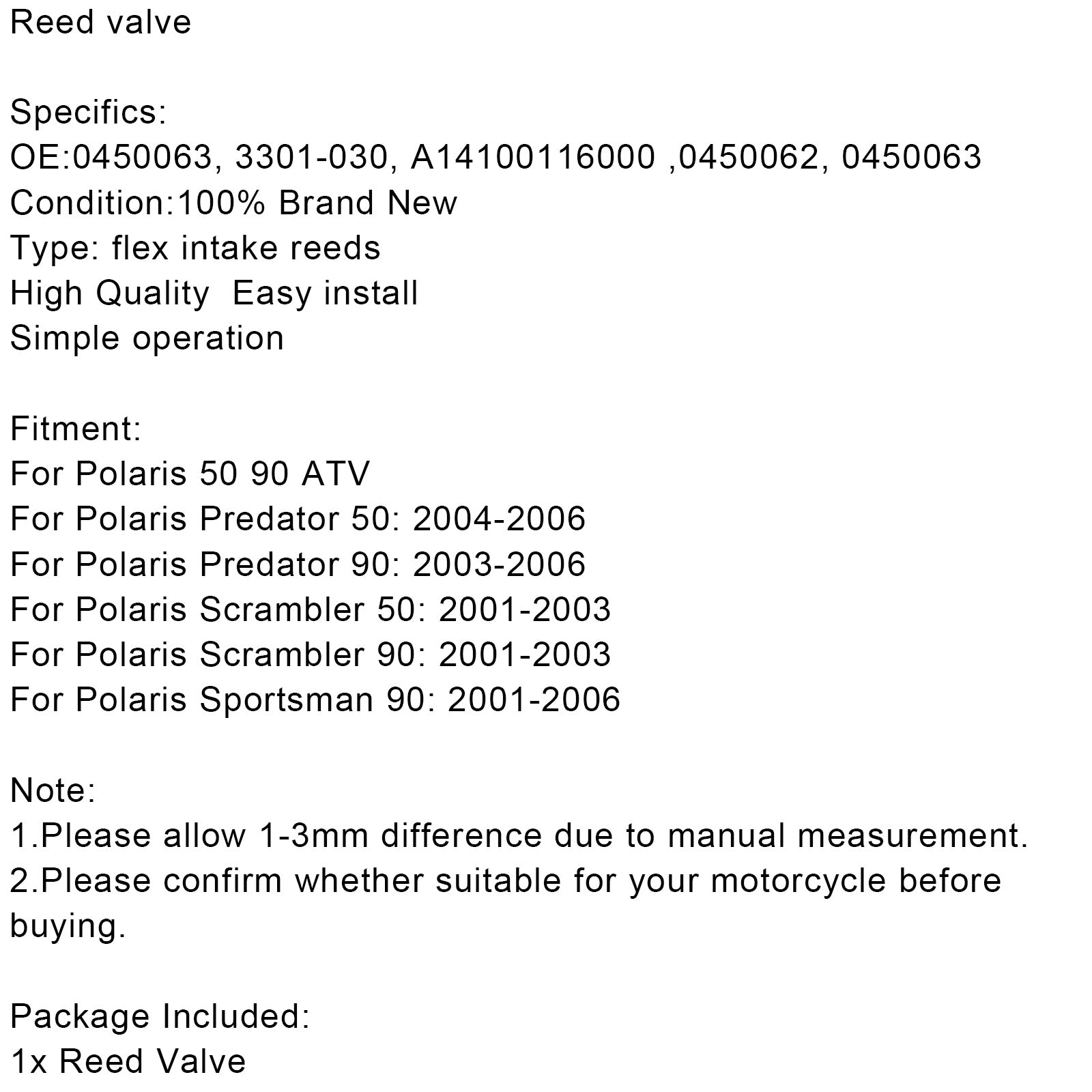 Sistema valvola lamellare per Polaris50 90 ATV Predator Sportsman50 90 01-06 0450063 Generico