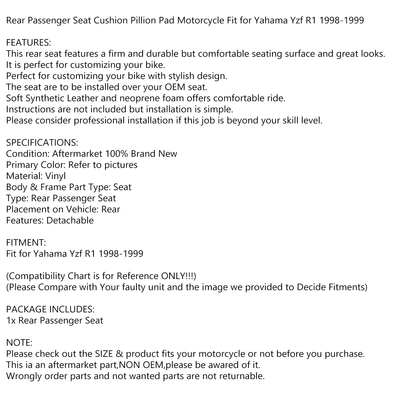 Bagerste passager sæde-sadle sadel passer til Yahama YZFR1 YZF R1 YZF-R1 1998-1999 Generisk