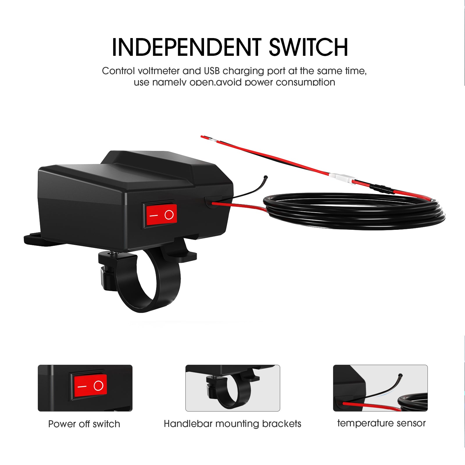 QC3.0 volt meter telefonoplader Bracket temperaturmåler til motorcykel scooter sort generisk