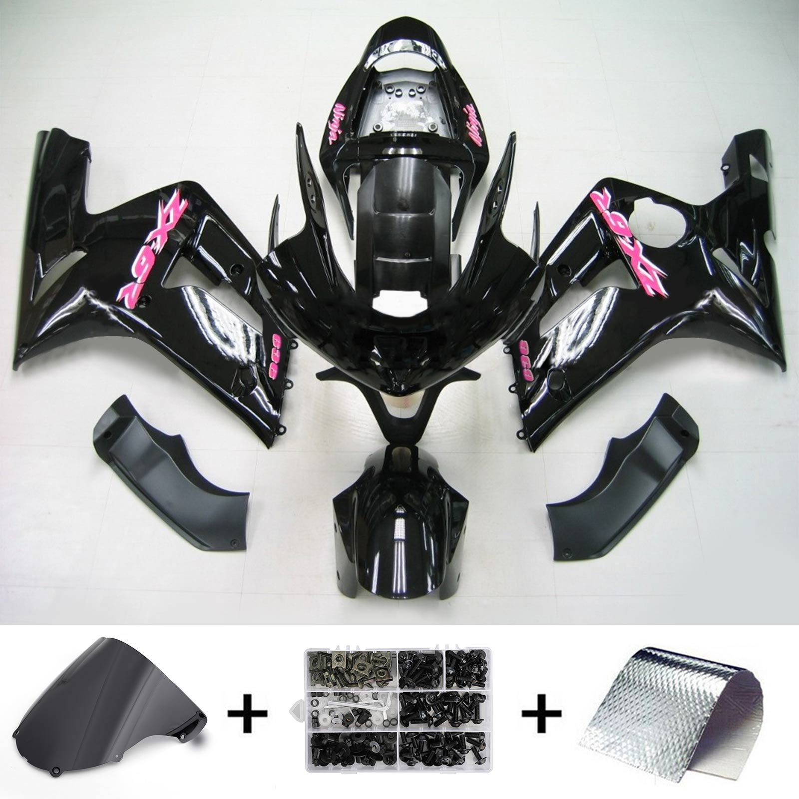 Amotopart 2003-2004 Kawasaki Zx6R 636 Black Fairing Kit With Pink Logo