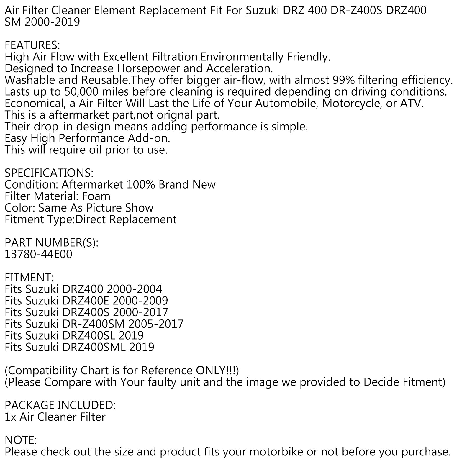 Letecký filtr ASSY pro Suzuki Dr-Z400S Drz400E DRZ400SM DRZ400SL 00-19 13780-44E00