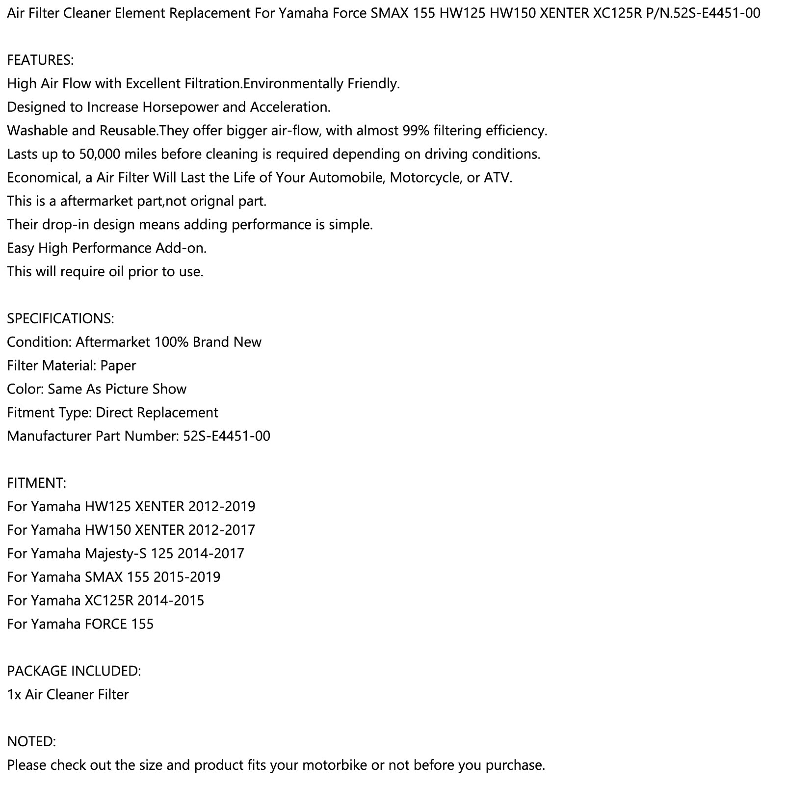 Elemento del filtro dell'aria per Yamaha SMAX 155 XC125R 15-19 XENTER 125/150 12-19 US generico