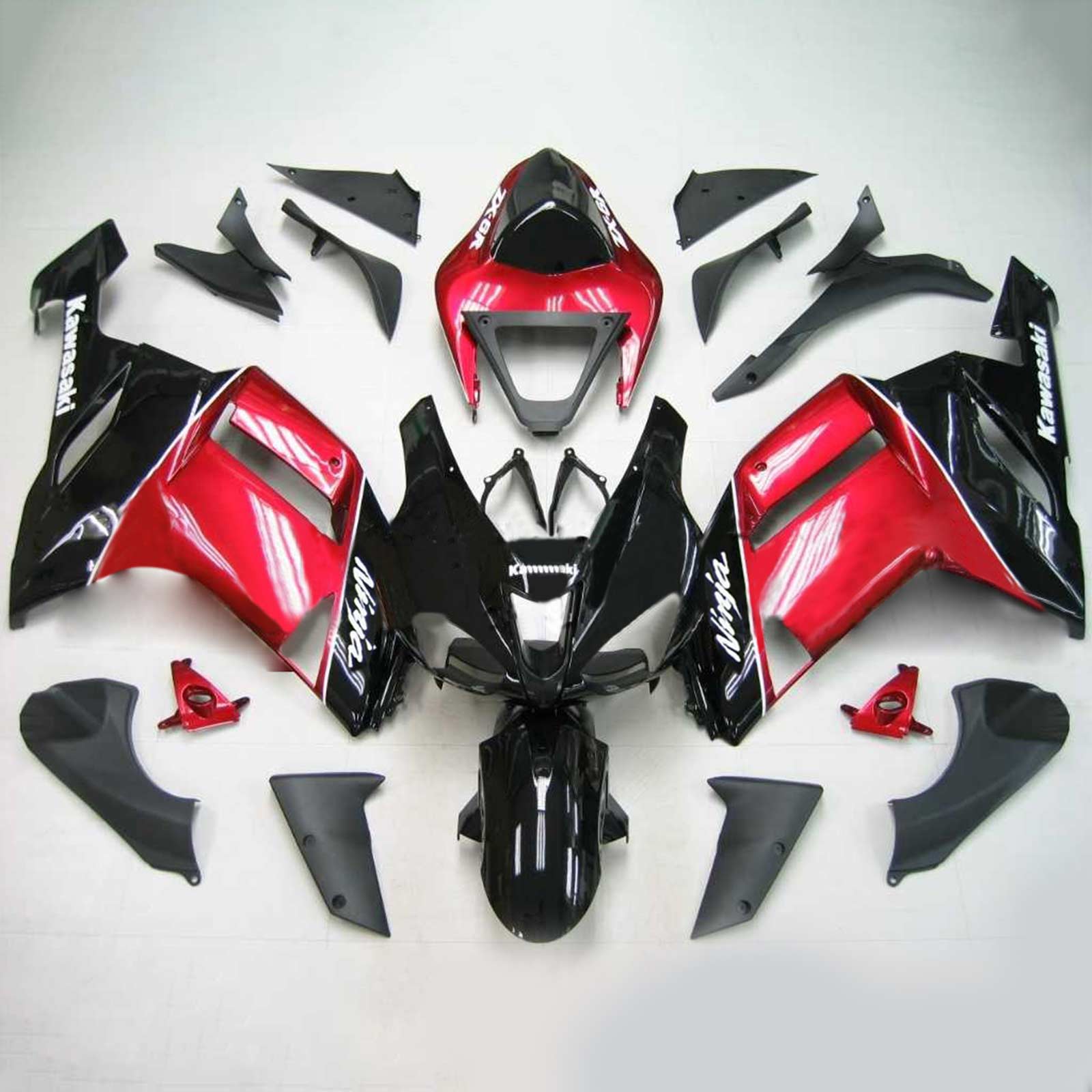 Amotopart Kawasaki 2007-2008 ZX6R 636 Sort med Red Fairing Kit