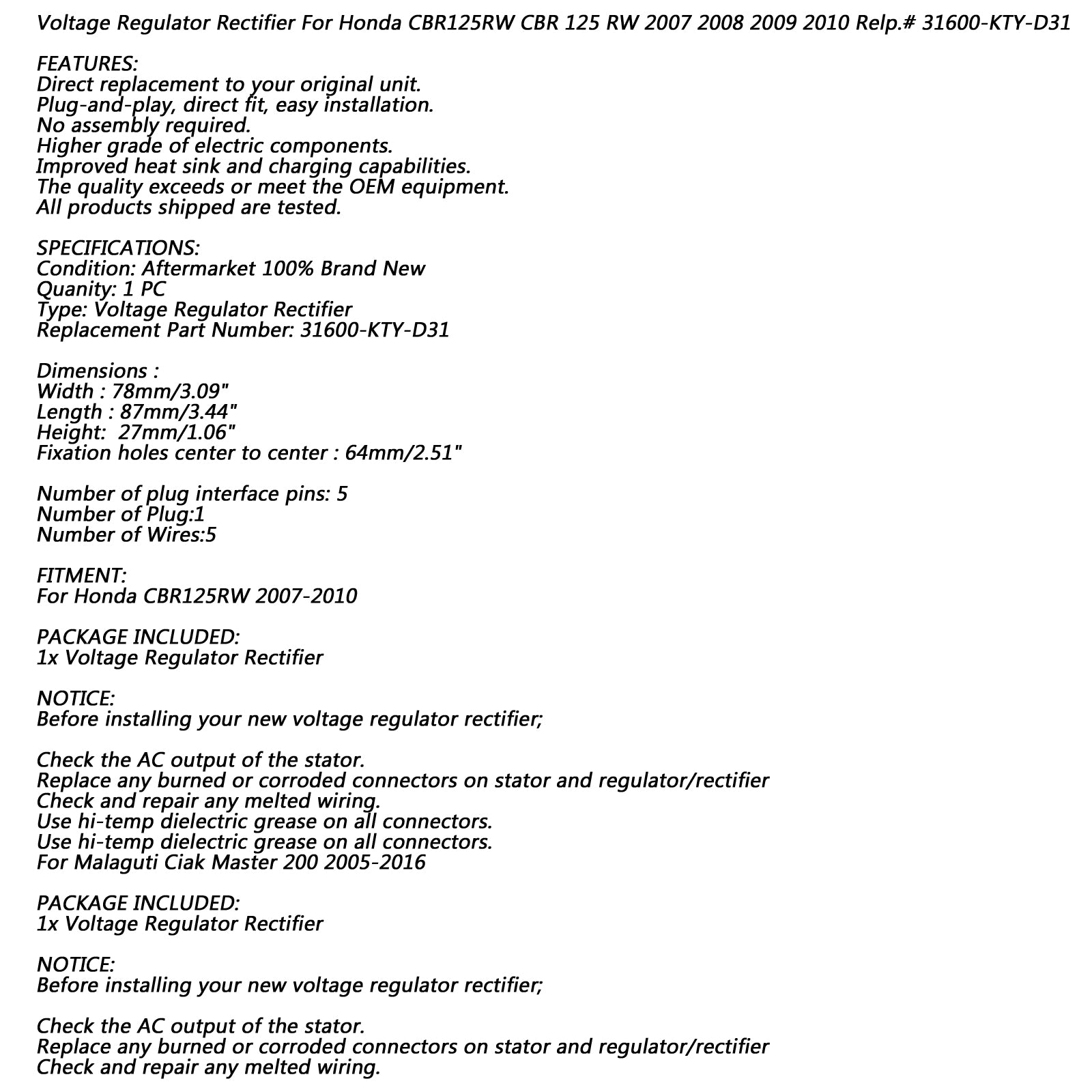 Regulator prostowników napięcia dla Honda CBR125RW 2007 2008 2008 2010 31600-kty-D31