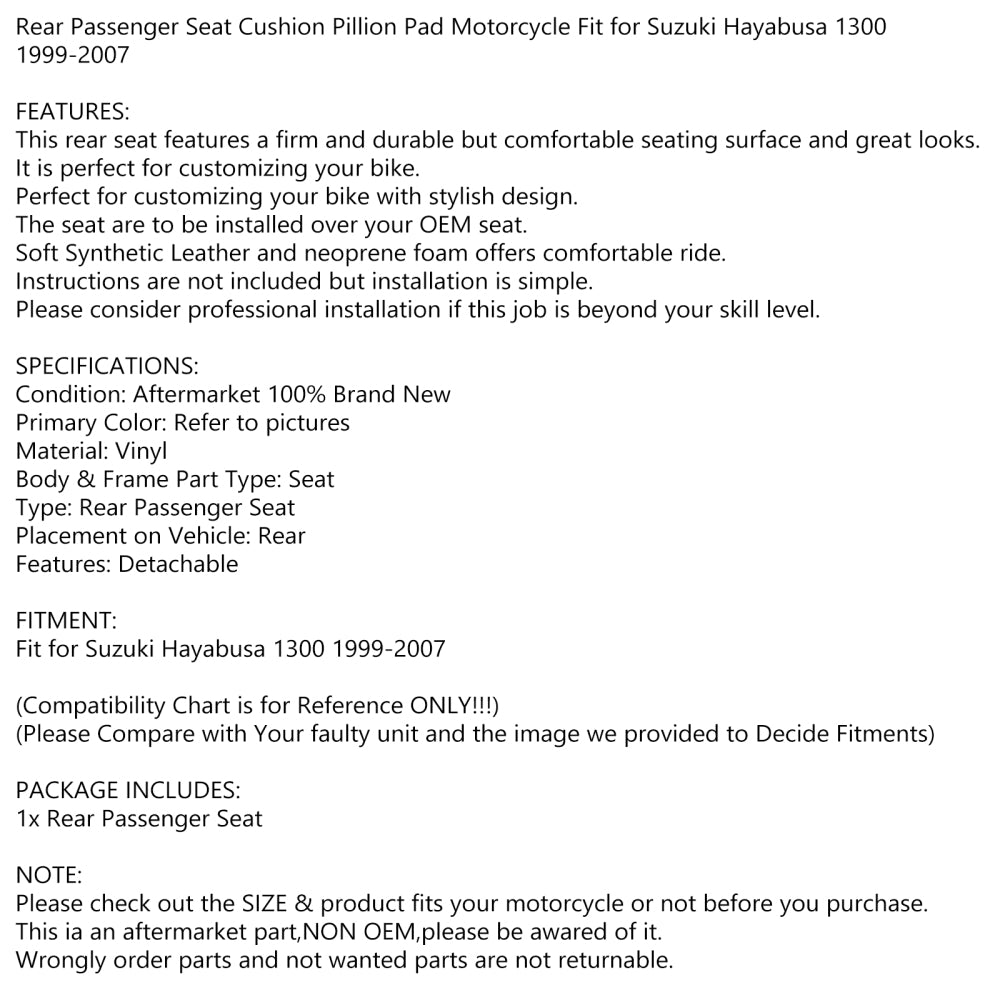 Achterpassagiersstoel Zwart kussen geschikt voor Suzuki Hayabusa 1300 1999-2007 00 11 Generic