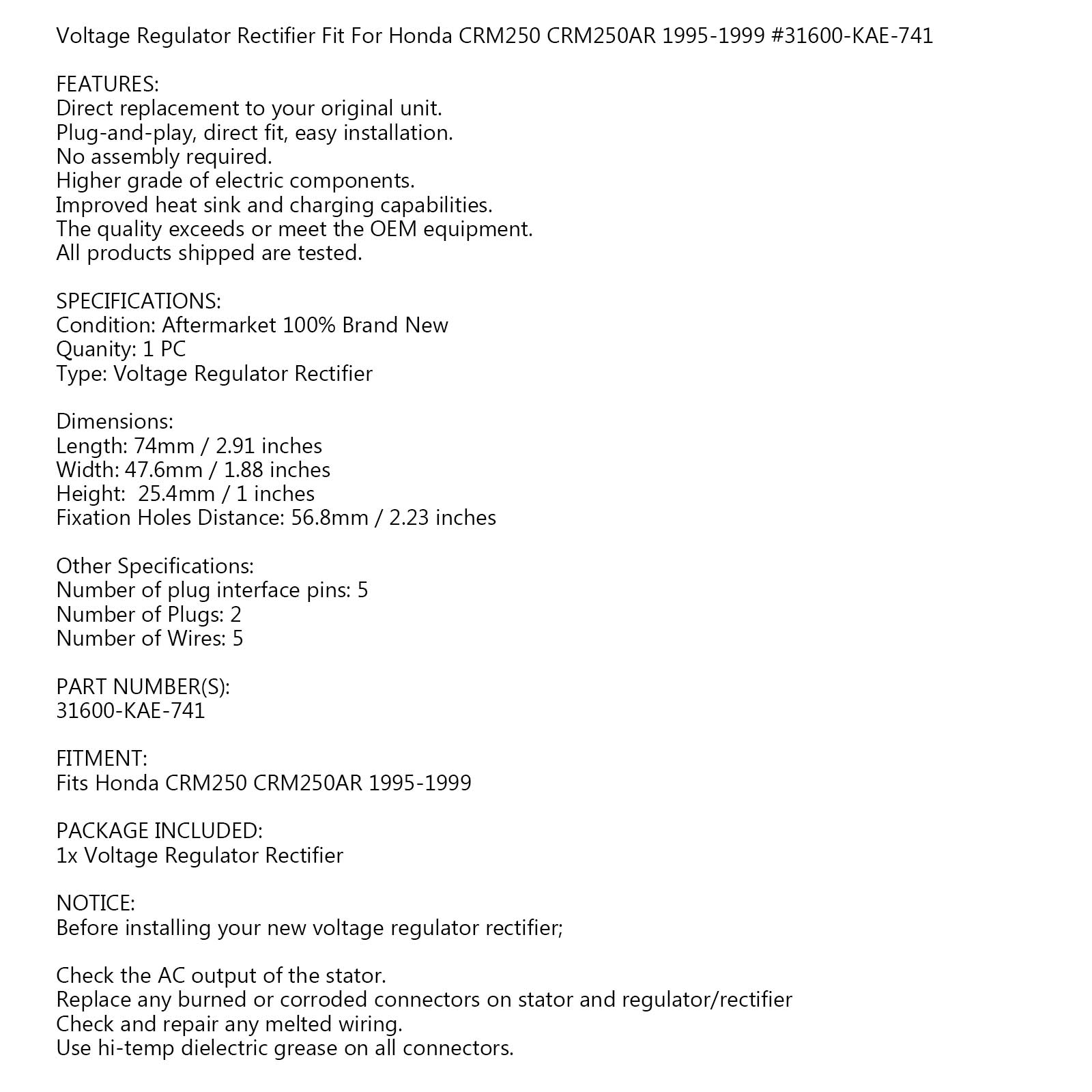Regulator Rectifier Voltage for Honda CRM250 CRM250AR 1995-1999 31600-KAE-741