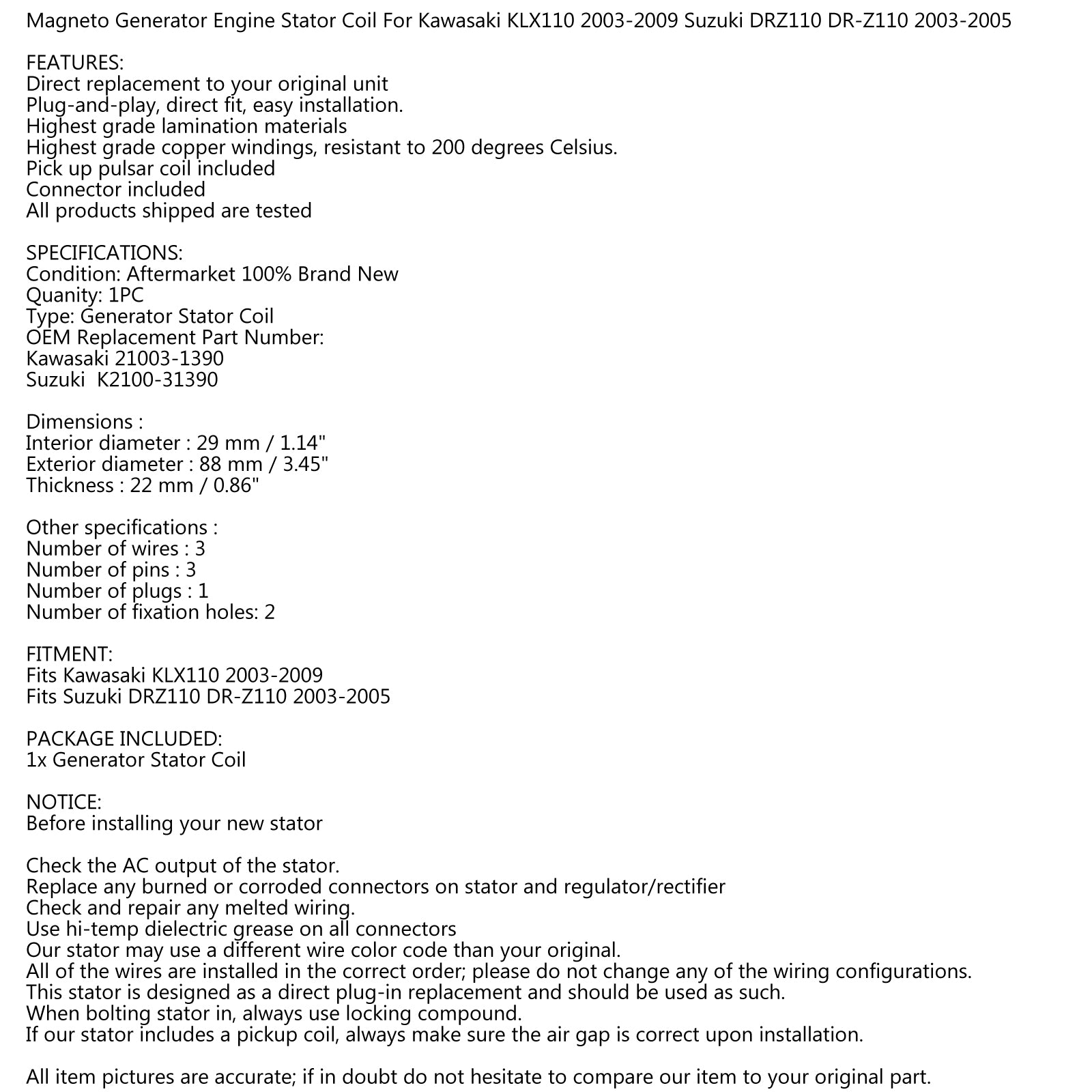 MAGNETO-Generator-Statorspule für Kawasaki KLX110 03-09 Suzuki DRZ110 2003-05 über FedEx