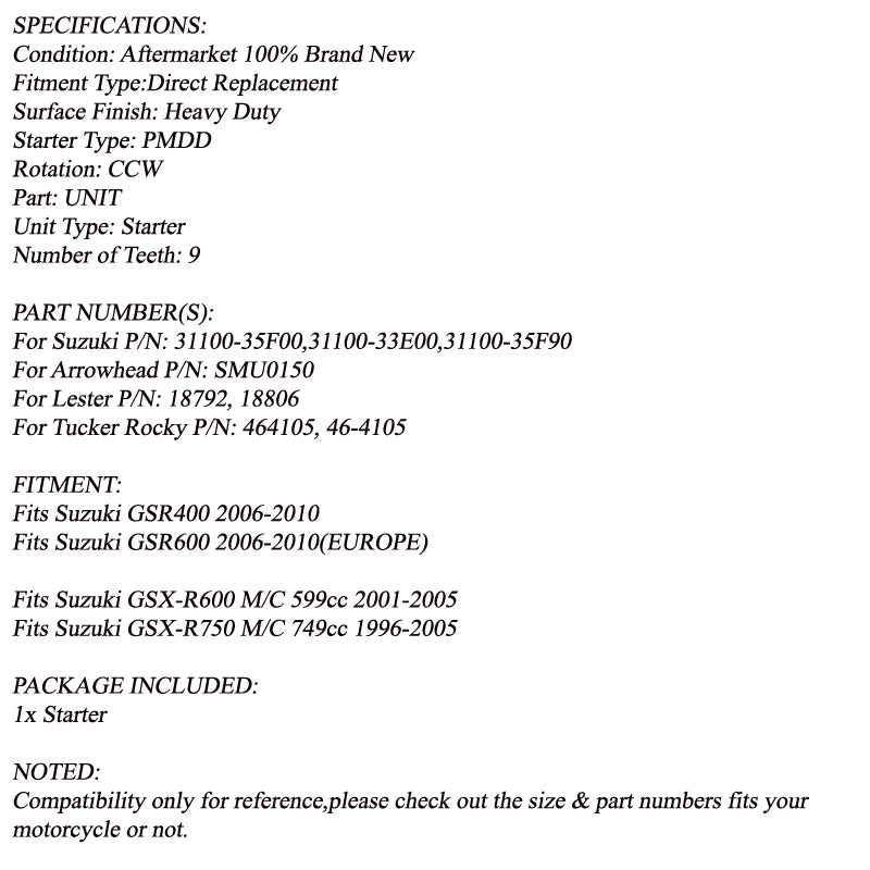 Elektrischer Startermotor 31100-35F00 für Suzuki GSR400 GSR600 2006-2010 GSXR750