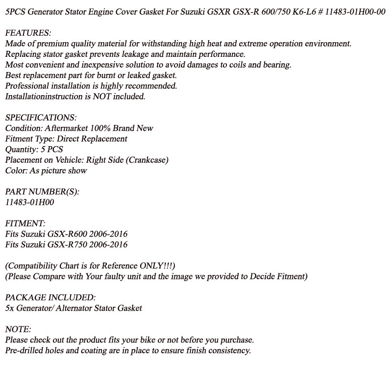 Guarnizioni coperchio statore 5 pezzi per Suzuki GSXR600 GSXR750 K6-L6 11483-01H00-00