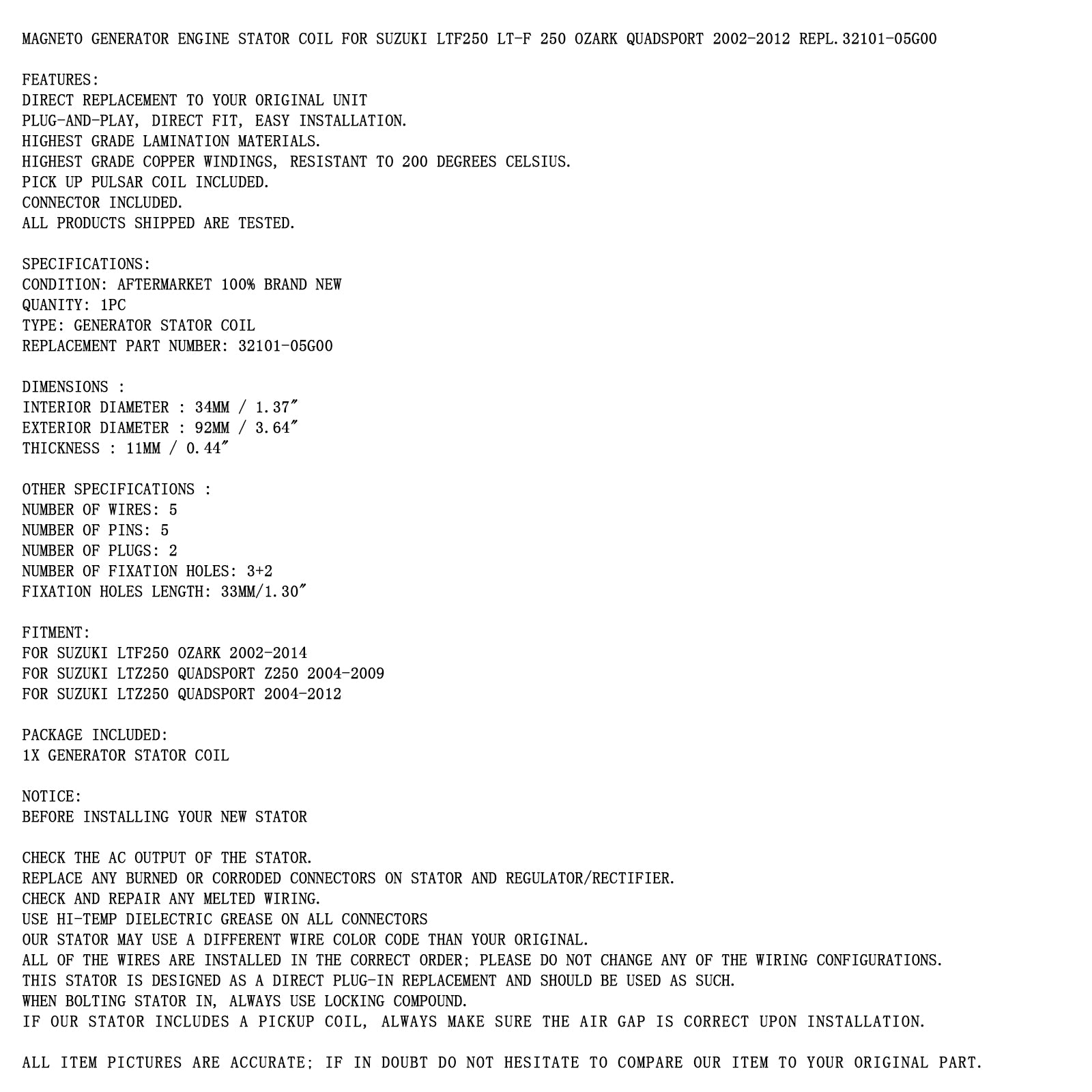Alternator Stator For Suzuki LTZ250 LT-Z250 QuadSport Z250 2004-2009 32101-05G00