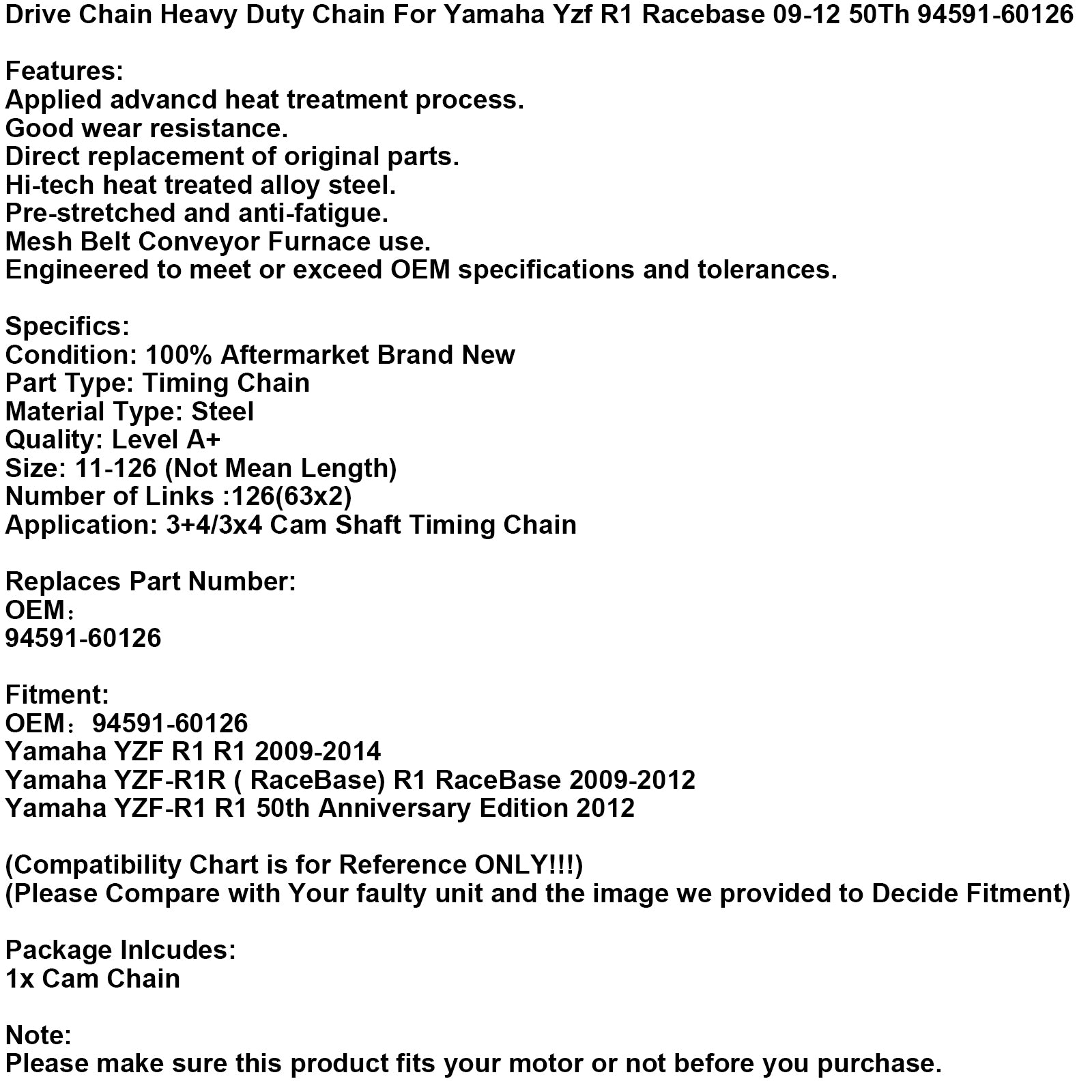 Catena Di Trasmissione Catena Resistente Per Yamaha Yzf R1 Racebase 09-12 50Th 94591-60126 Generico
