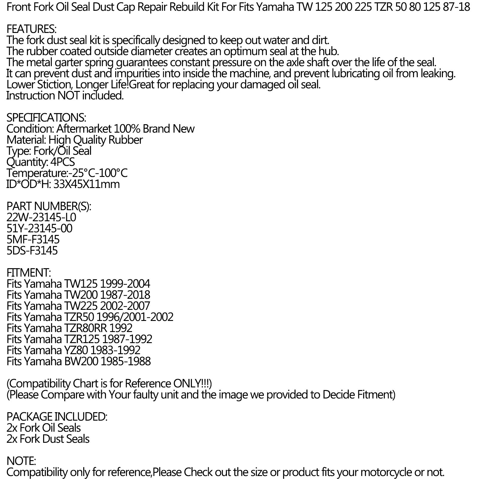 Gaffelpakningsstøvsett for Yamaha YZ80 BW200 TW225 TW200 TW125 TZR50 TZR125 83-18
