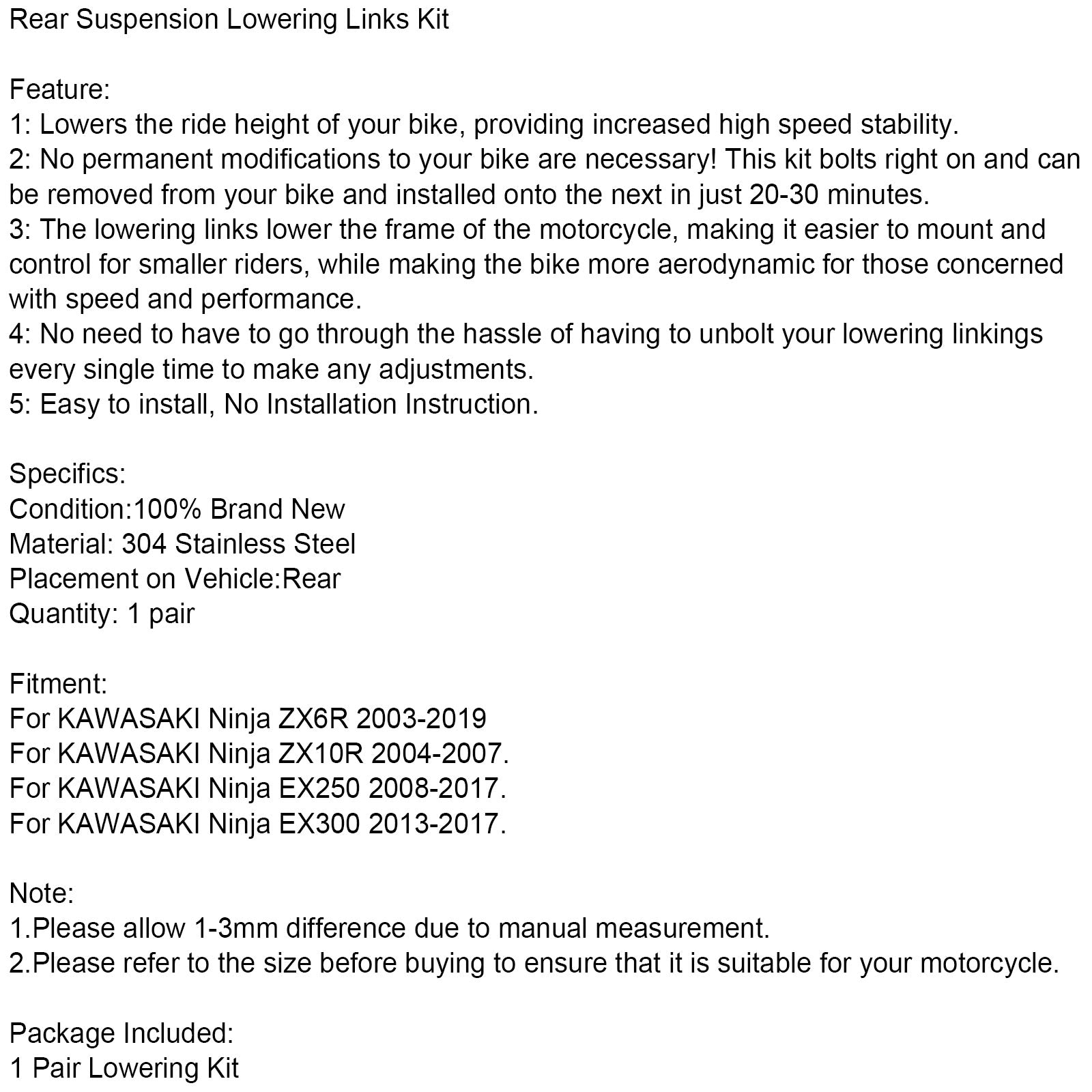 Rear Suspension Lowering Links Kit For KAWASAKI Ninja ZX6R ZX10R EX250 EX300 2003-2019 Generic