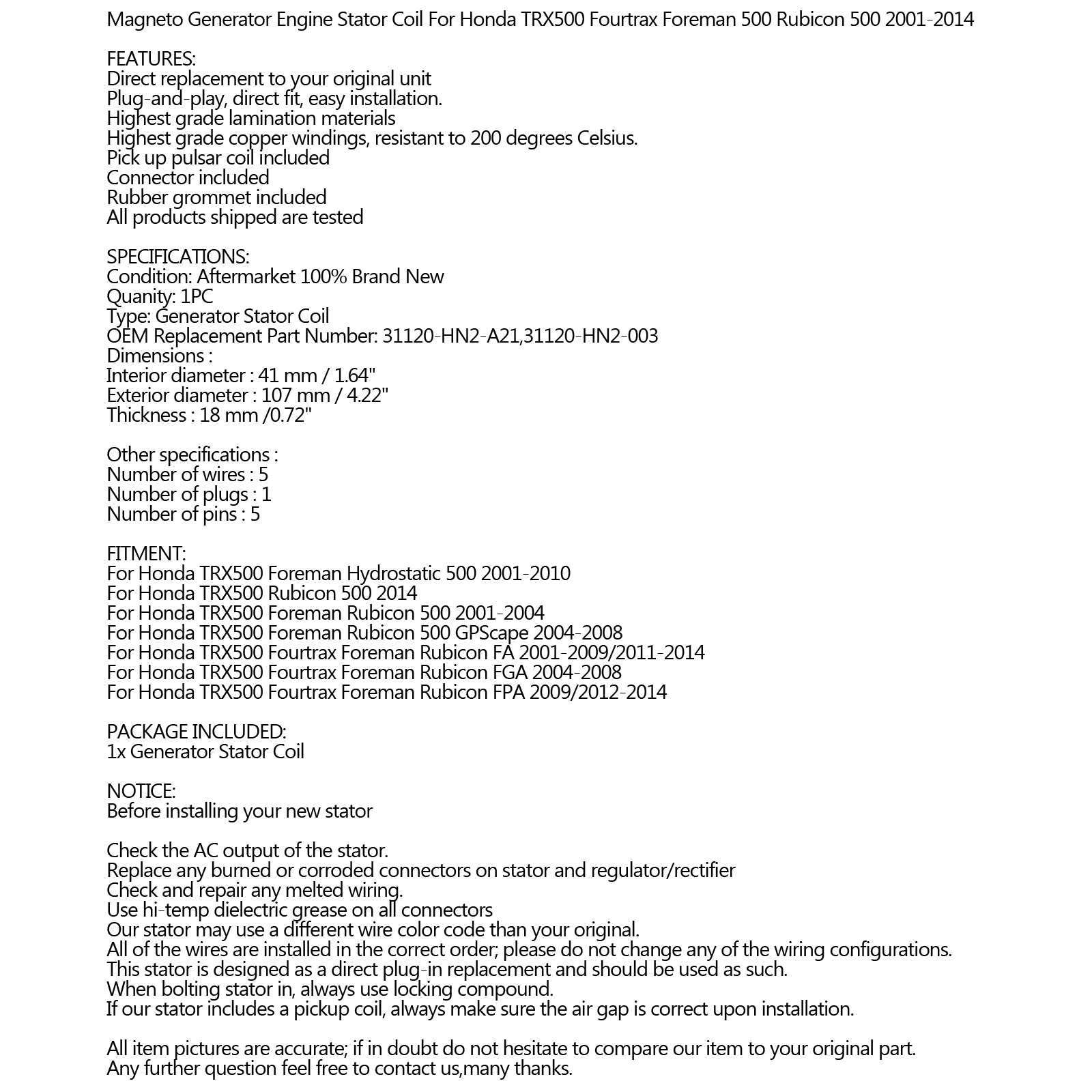Generator Stator Coil 31120-HN2-A21 für Honda TRX500 Foreman Rubicon 500 01-2014