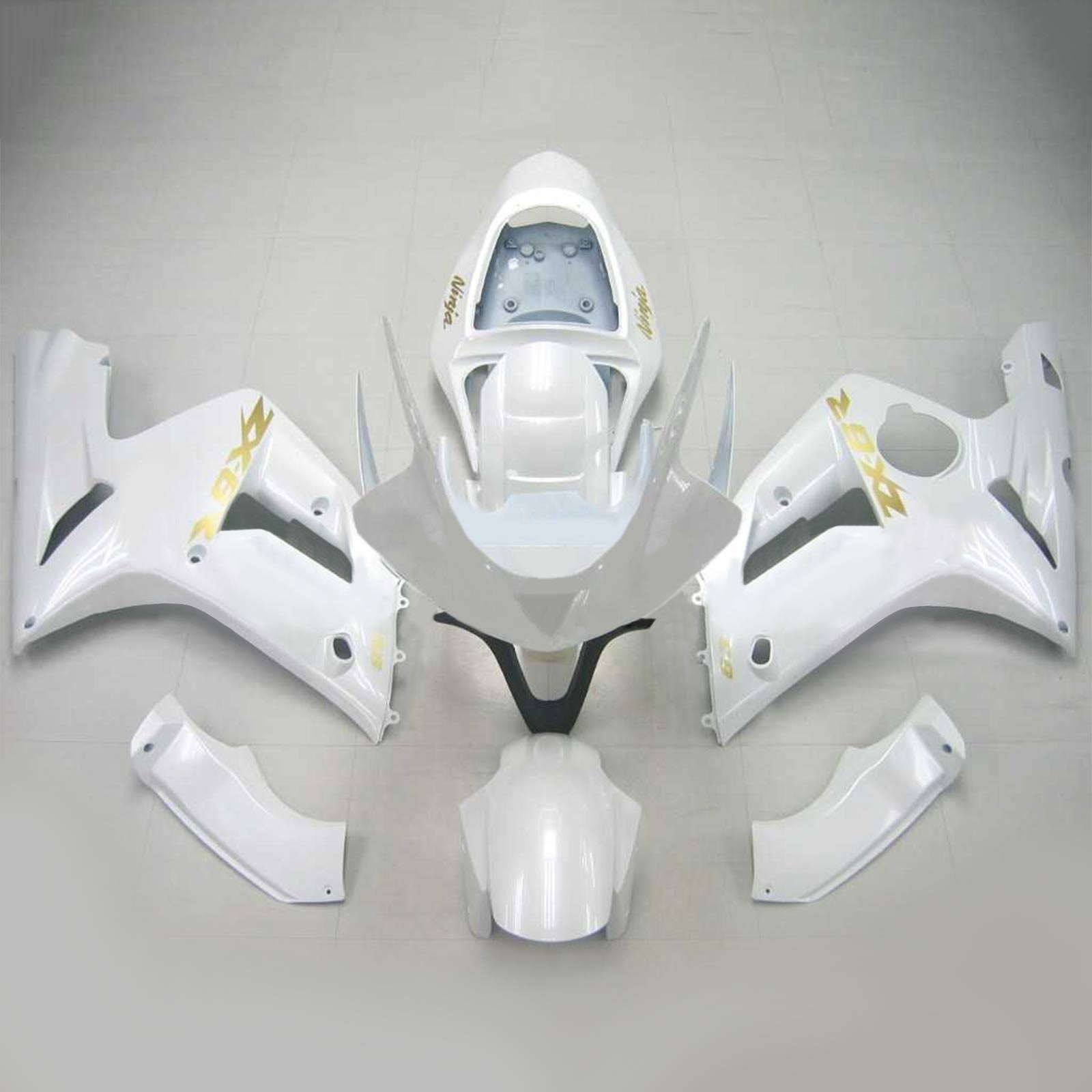 Amotopart 2003-2004 Kawasaki Zx6R 636 White Fairing Kit With Gold Logo