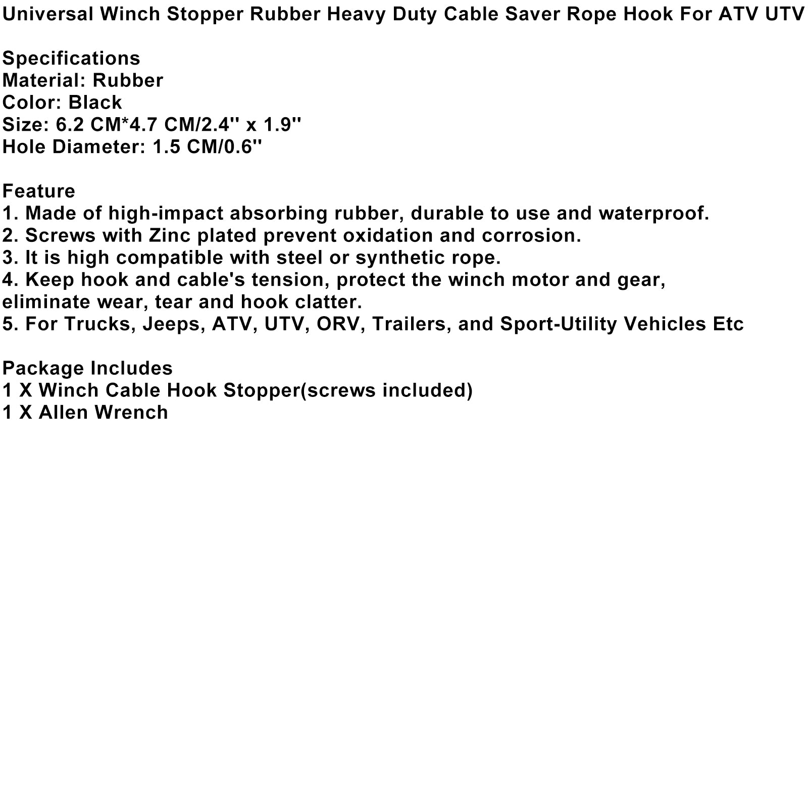 Universal Winch Stopper Gummi -Kabel -Kabel -Seilhaken für ATV UTV