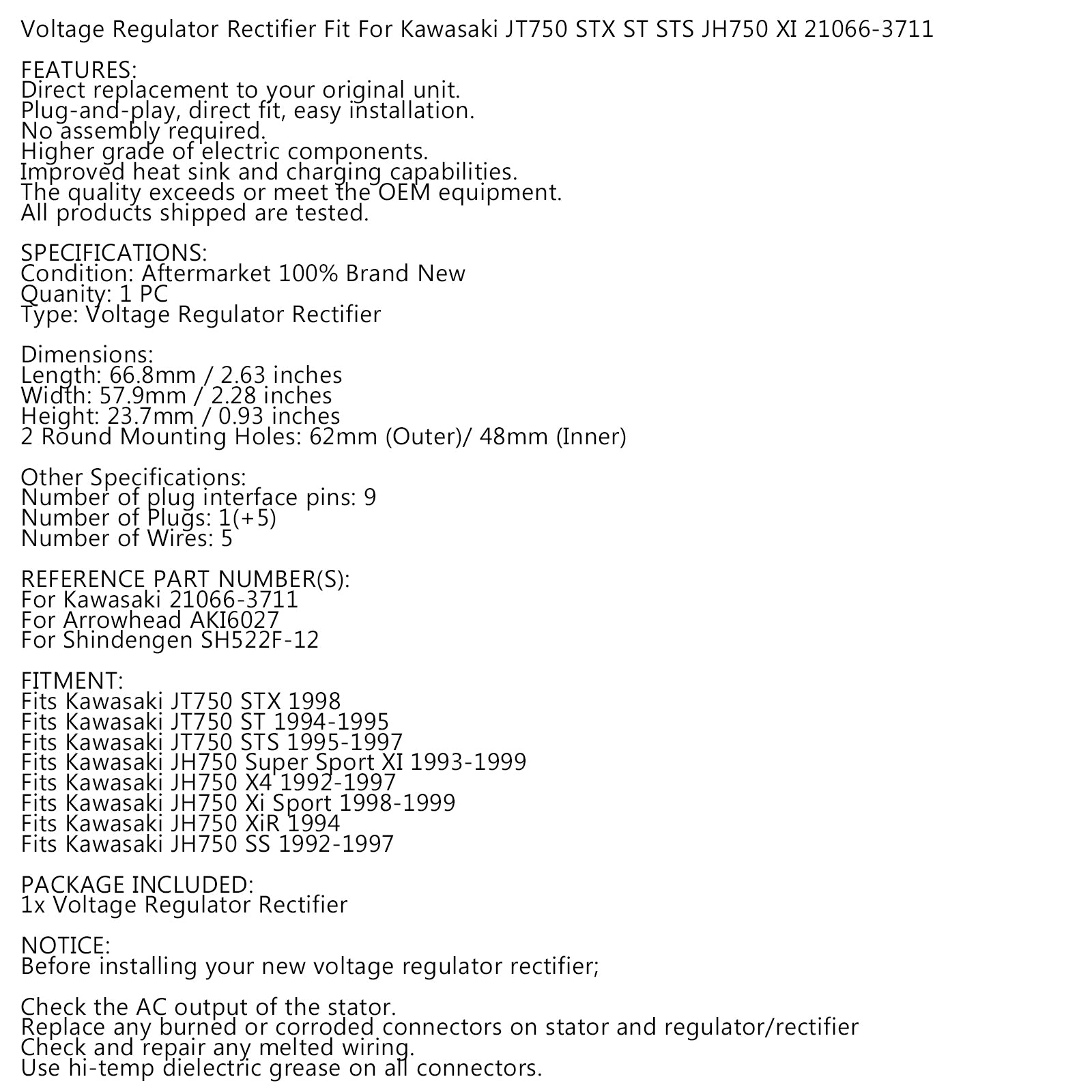 Régulateur de tension ajusté pour Kawasaki JH JT 750 SS STS STS STX XI 92-99 21066-3711