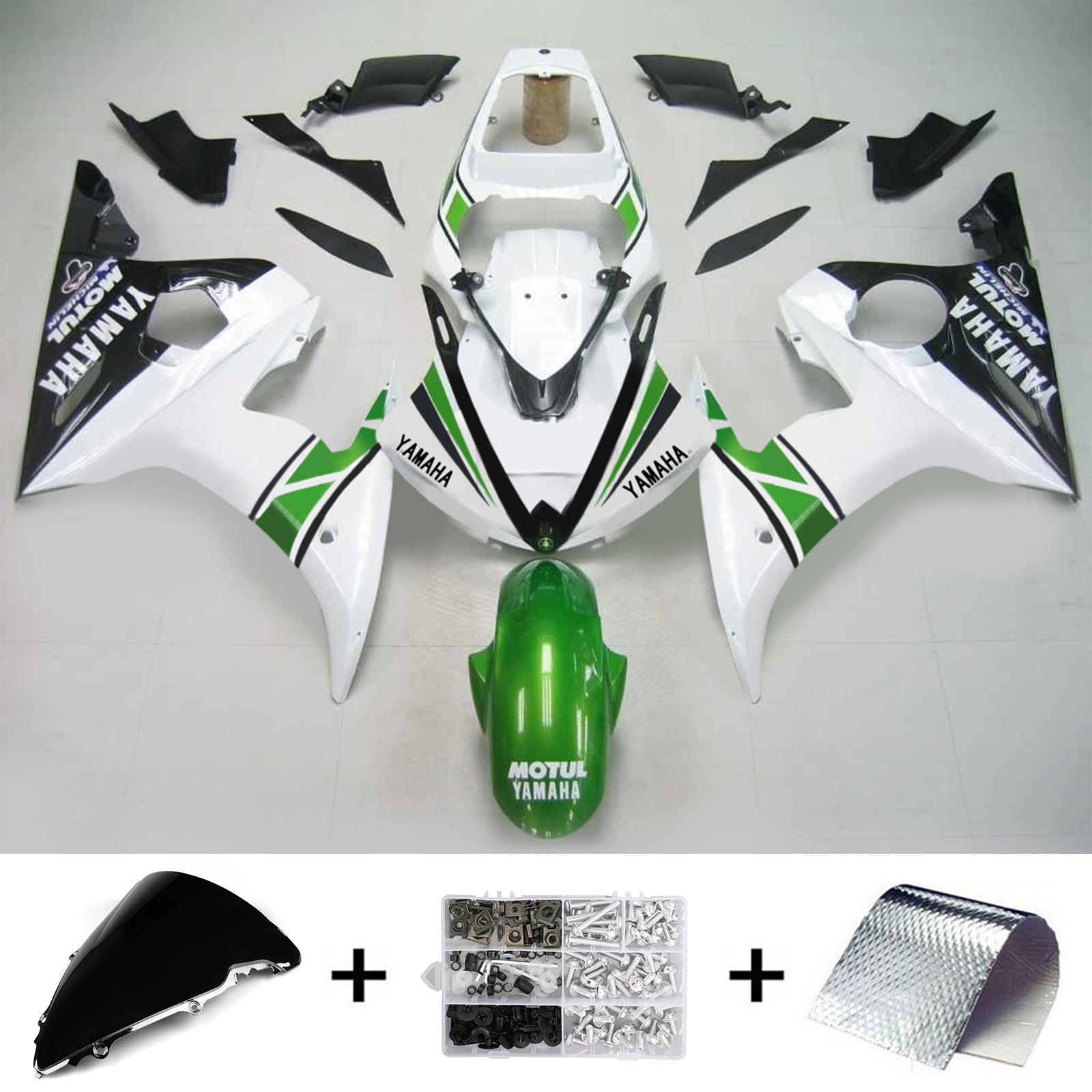 Amotopart Yamaha 2003-2004 YZF 600 R6 & 2006-2009 YZF R6S White Green Fairing Kit