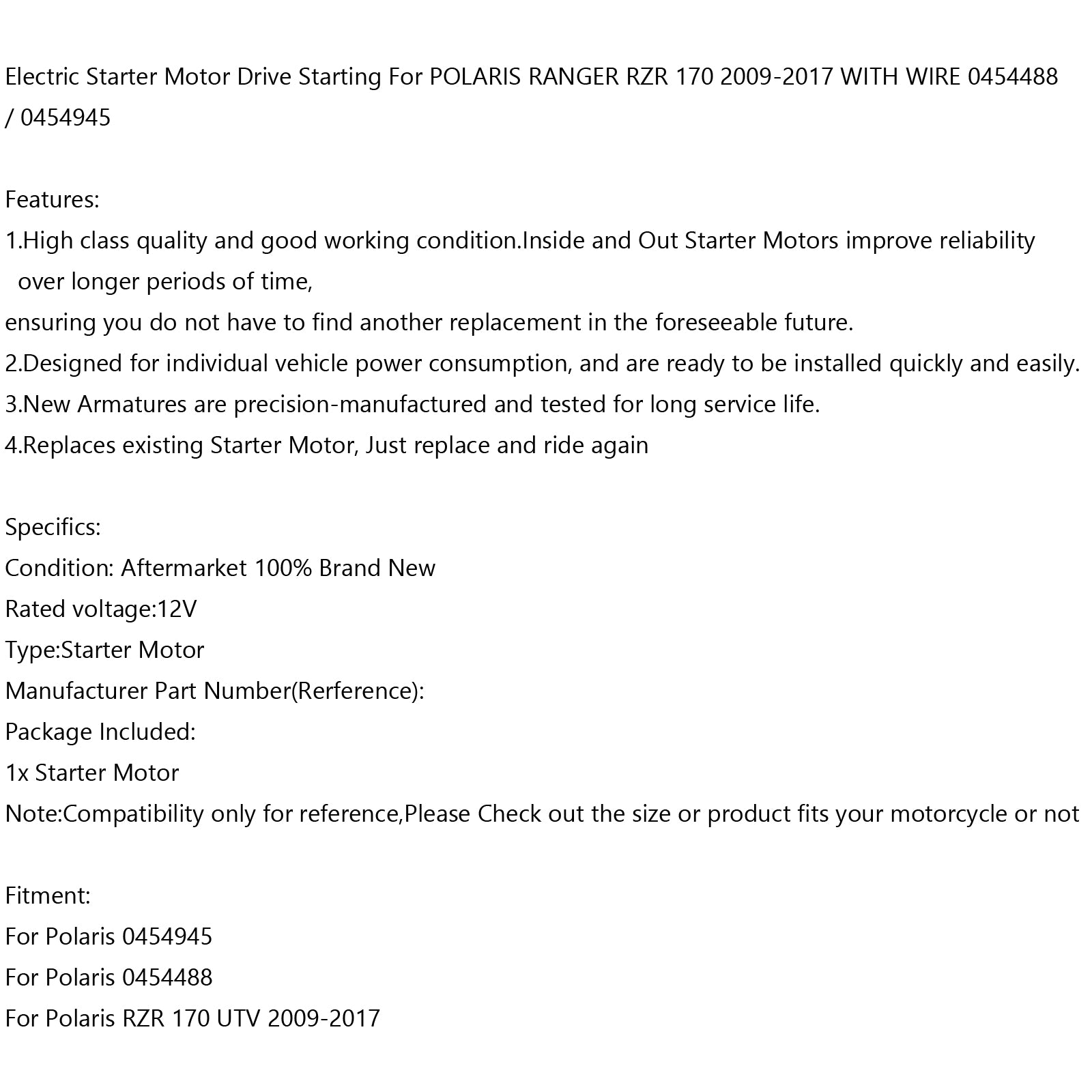 Motorino di Avviamento elettrico CON FILO Per Polaris RZR 170 UTV 2009-17 0454488 0454945