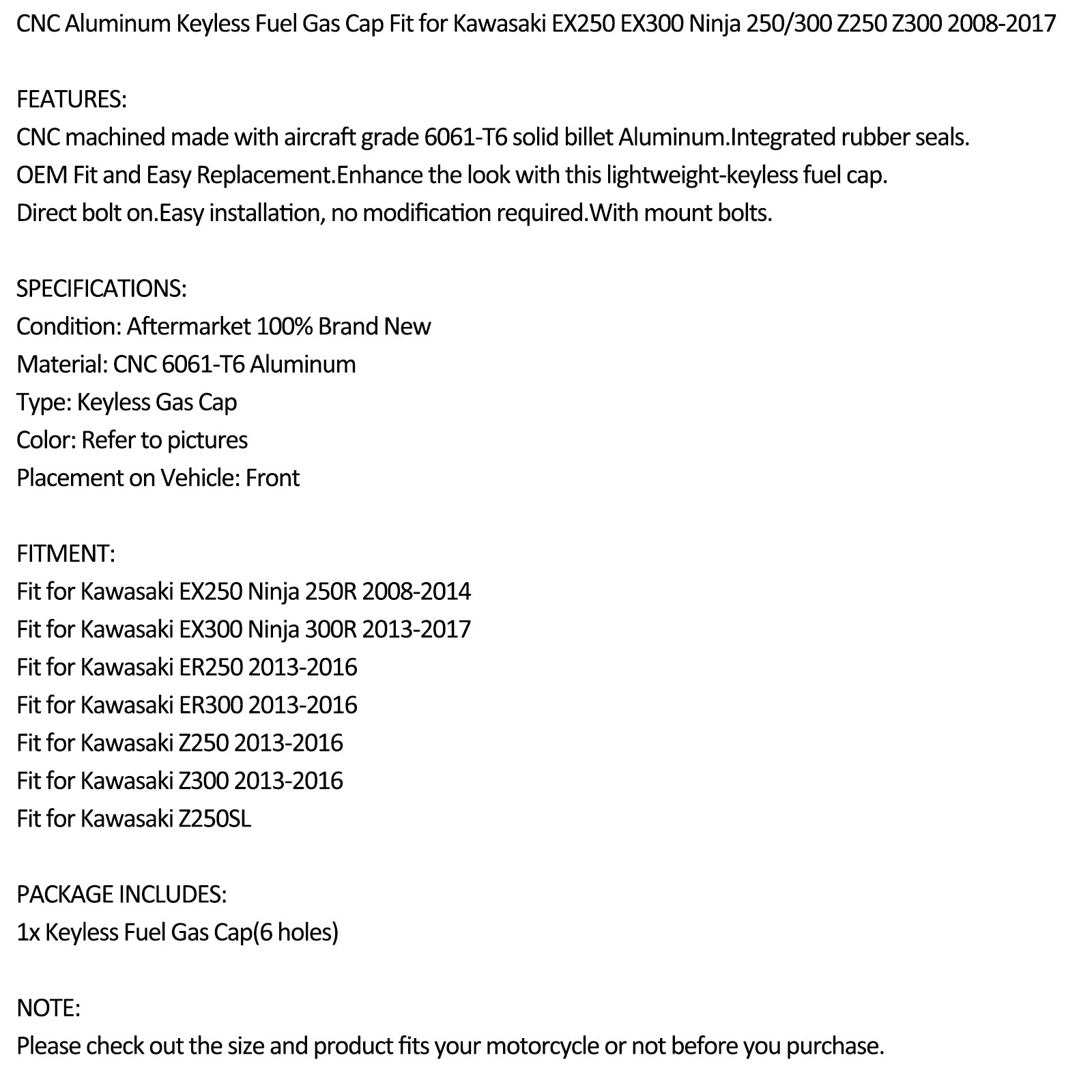 CNC Keyless Kraftstoffgaskappe für Kawasaki ER z 250 300 Ninja EX 2008-2017 Schwarz