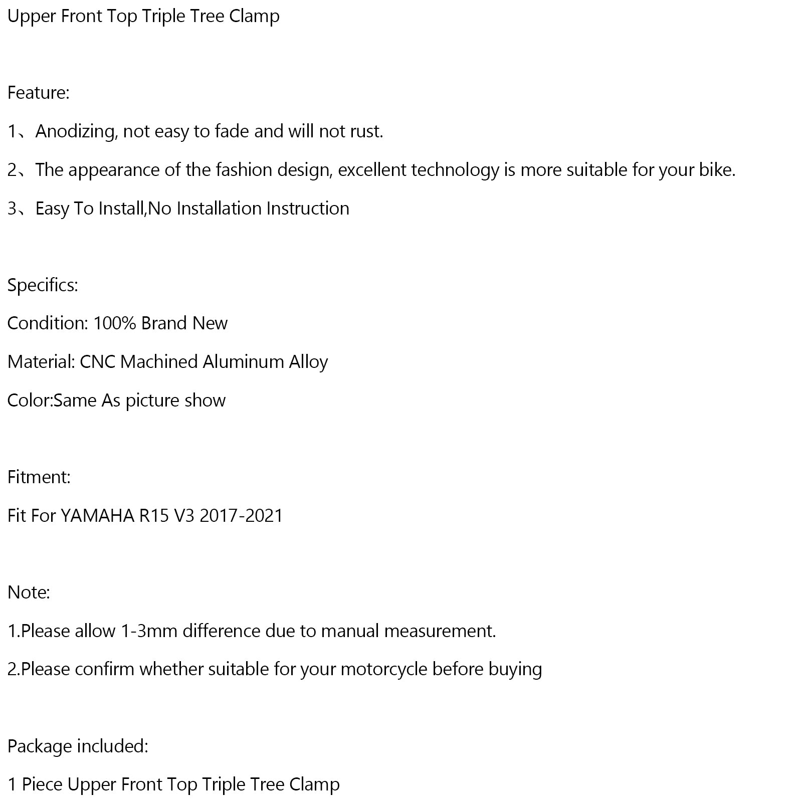 CNC Aluminium övre främre trippelträdklämman för Yamaha R15 V3 2017-2021 Generic