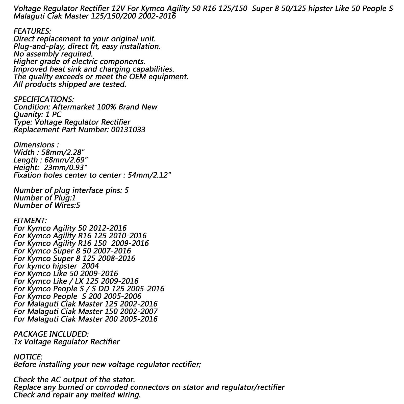 Spenningsregulator for Kymco Agility 50 R16 125 150 Super 8 50/125 2007-2016