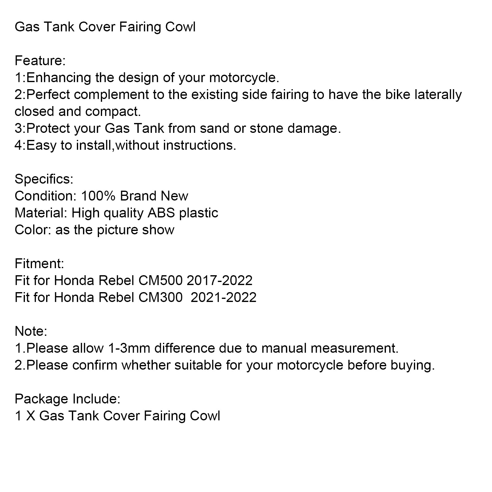 Gas Tank Cover Trim Fairing Cowl for Honda Rebel CMX300 CMX500 2017-2022 Generic