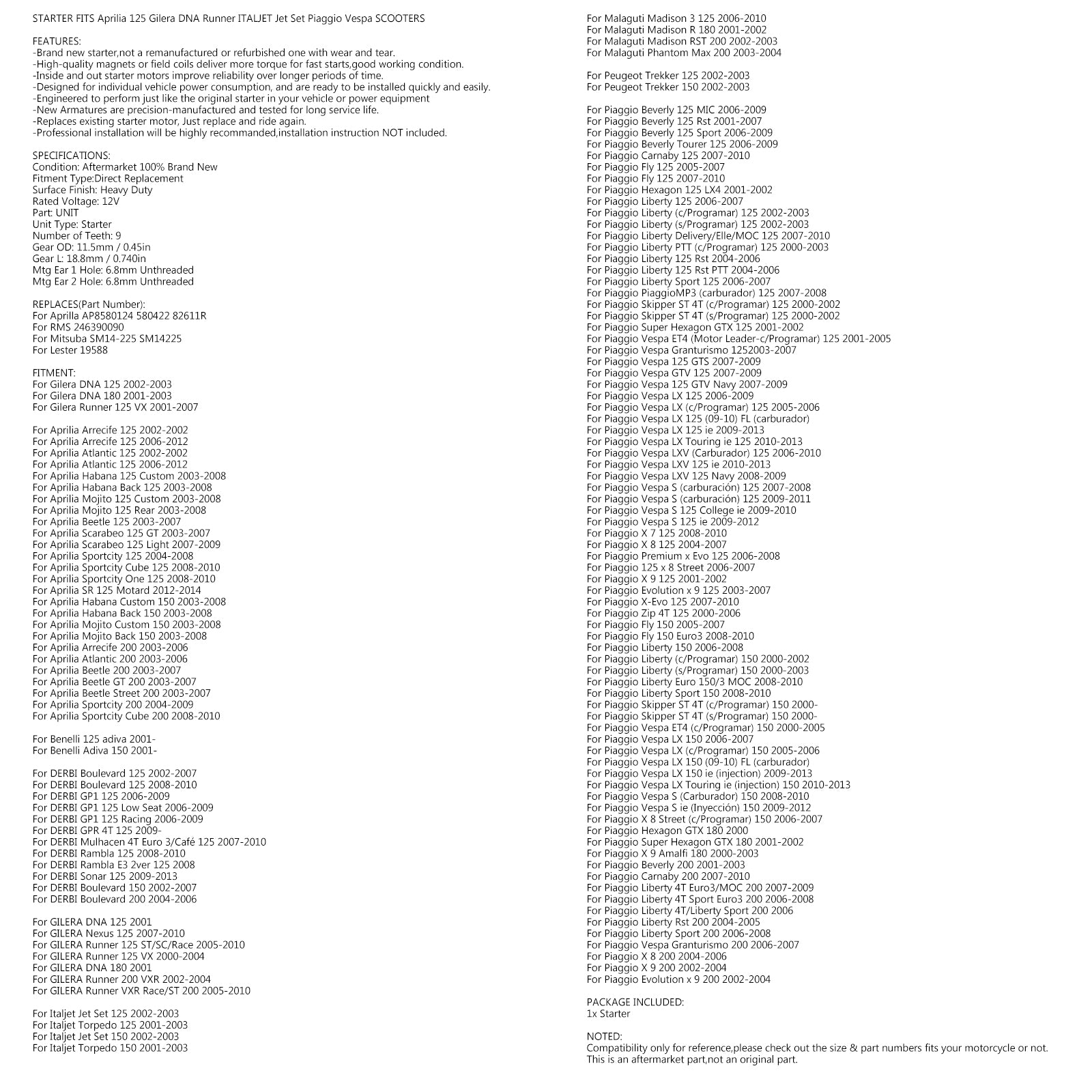 Starter för Aprilia 125 150 200 Arrecife/Habana/Mojito/SportCity/Beetle 01-12