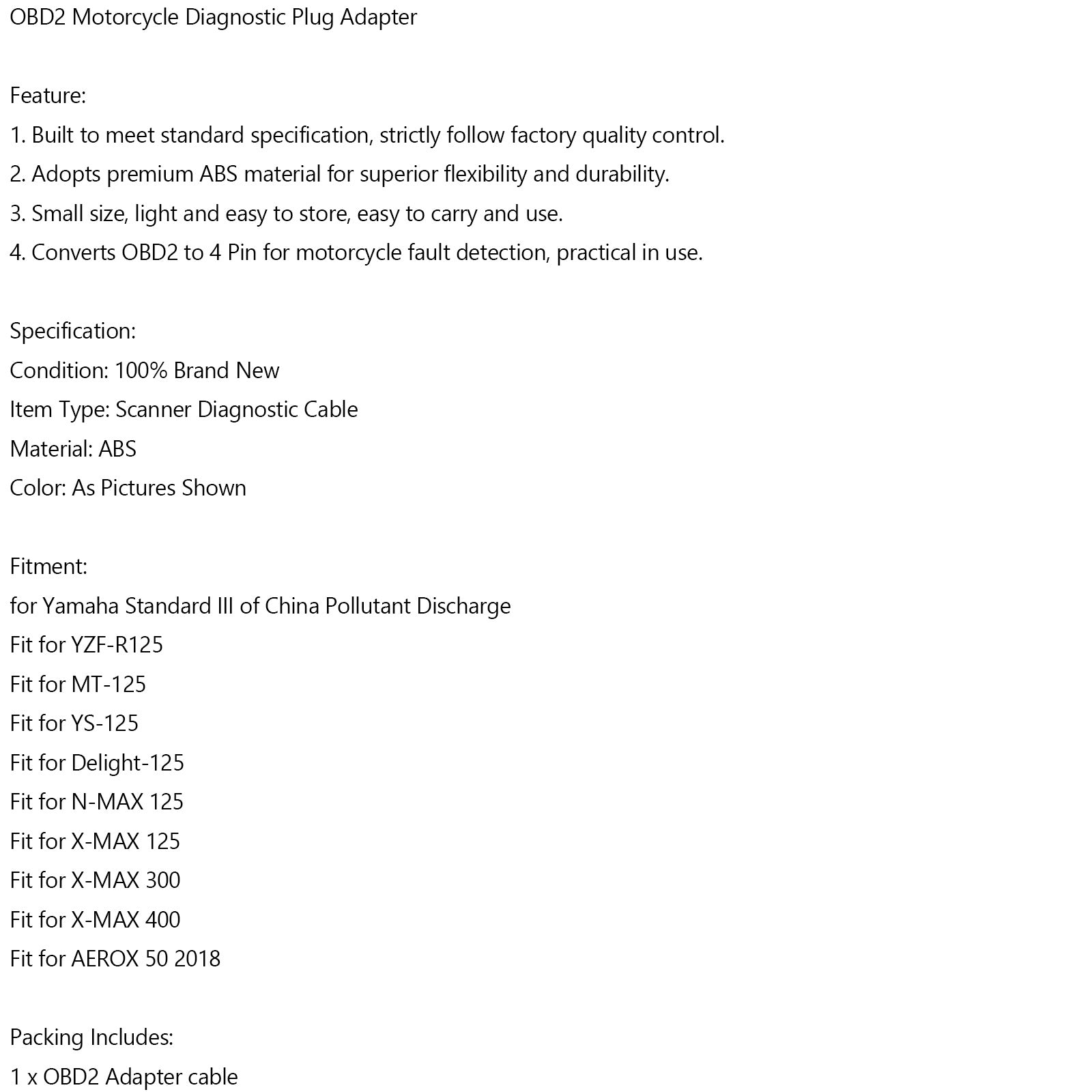 オートバイ 3 ピン OBD2 診断アダプター コード スキャナー ケーブル ヤマハ X-MAX 汎用