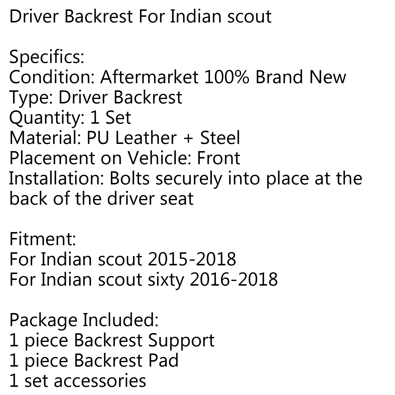 Förare rygg för indisk scout 2015-2018 Scout Sixty 2016-2018 Black Generic