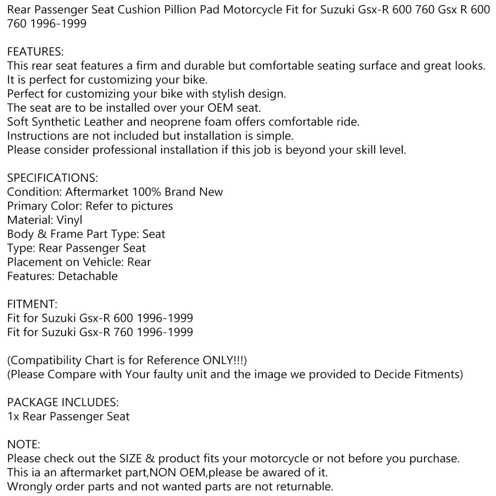 Coussin du siège arrière arrière avant ajustement pour suzuki gsx-r gsx r 600 760 96-99 générique