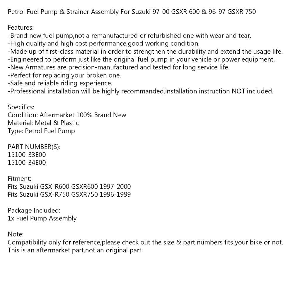 1996-2000 Suzuki GSX-R GSXR 600 750 Fuel Pump With Strainer #15100-34E00 Generic