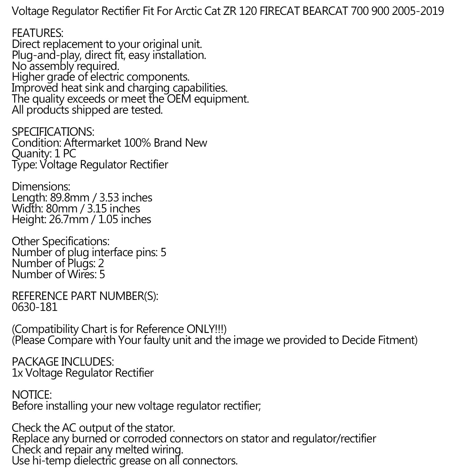 整流器レギュレーター Arctic Cat M5 M7 ZR SNO PRO FIRECAT 05-16 0630-181 に適合