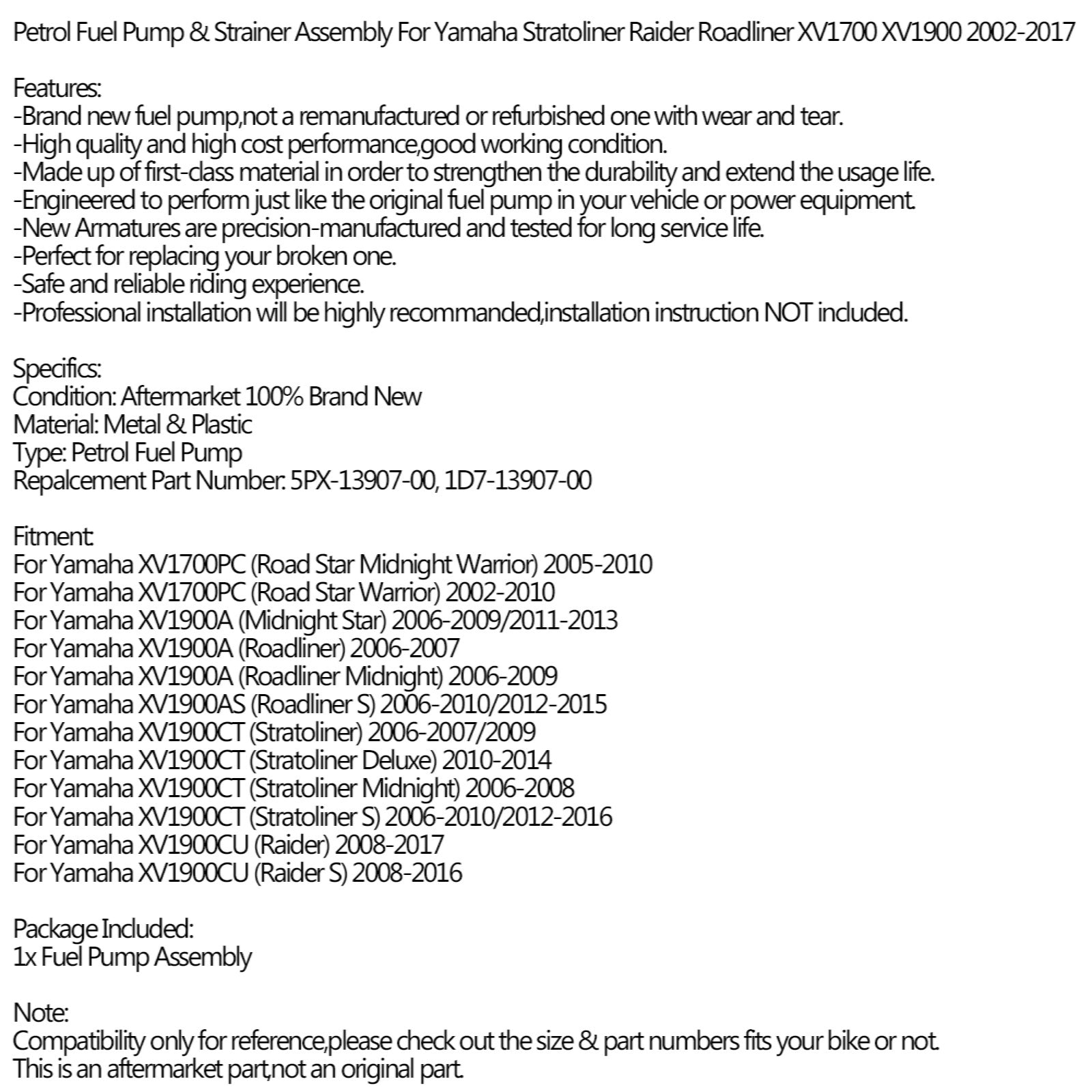 06-17 Yamaha Stratoliner Raider Roadliner XV19 XV1900 Fuel Pump Assembly Generic