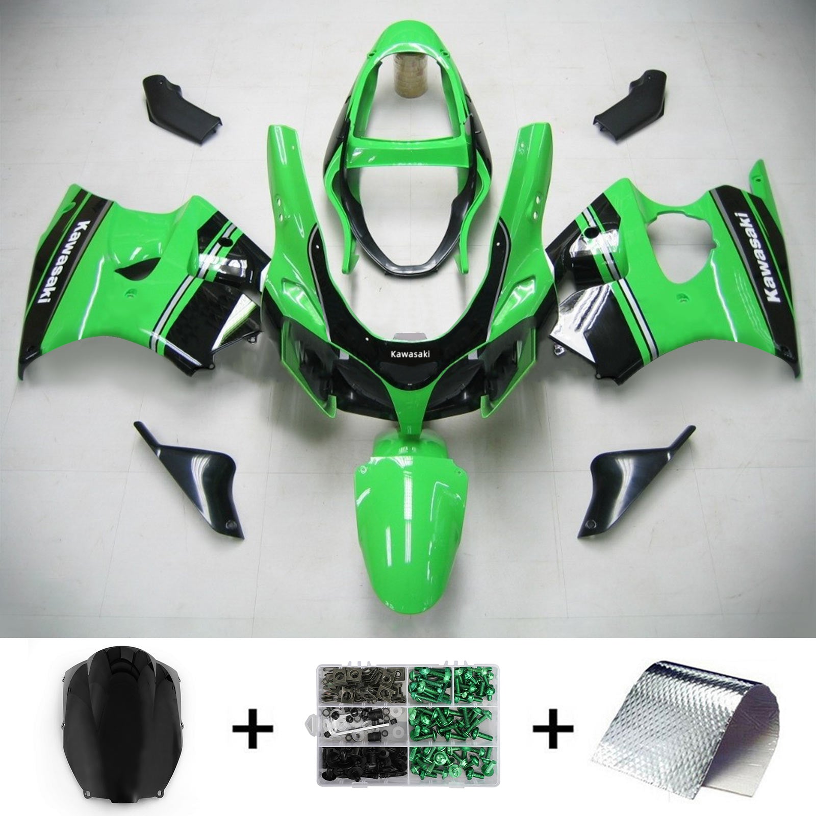 Amotopart Kawasaki 2000-2002 Zx6R 636/ZZR600 2005-2008 Fairing Green Black Kit
