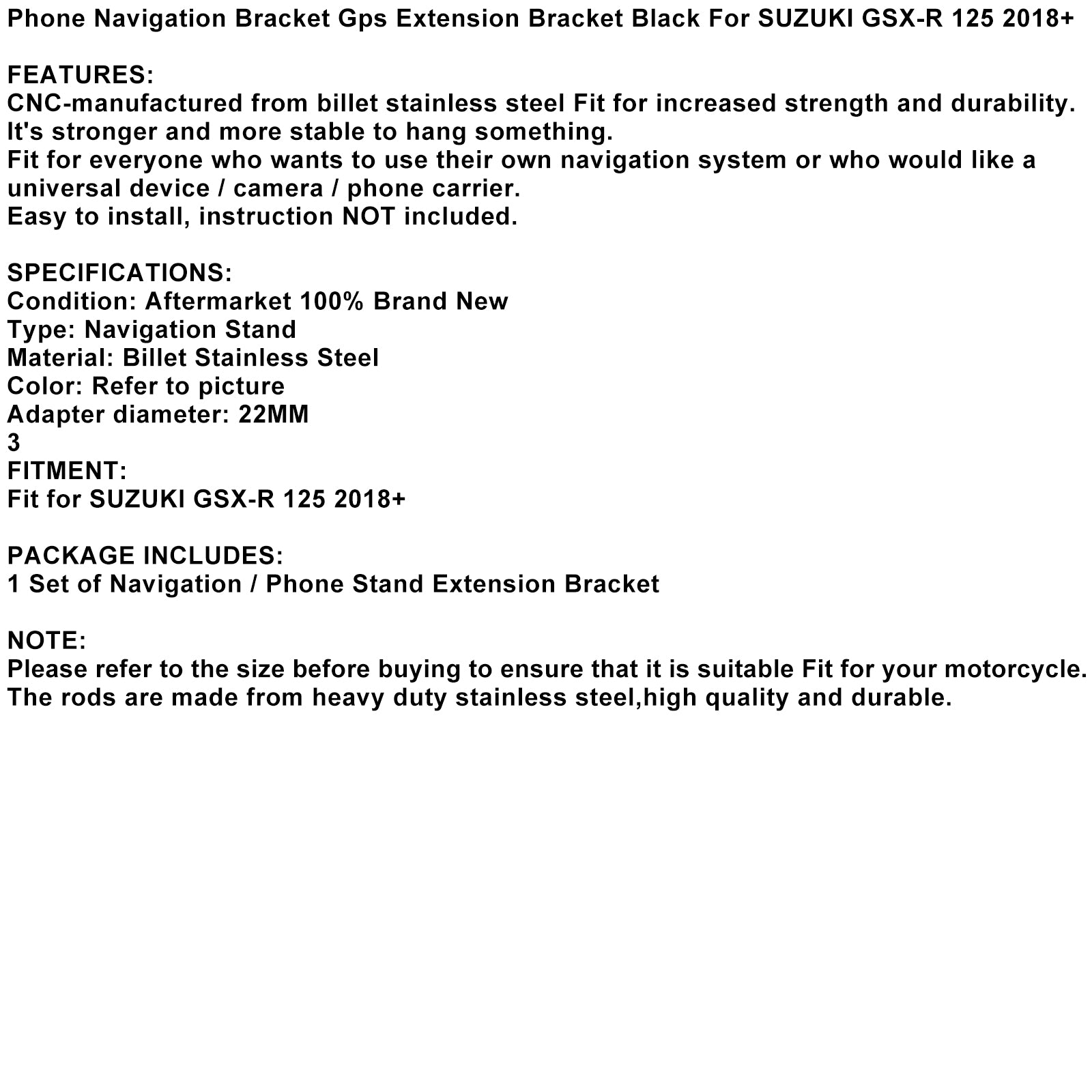 Telefonnavigeringsfäste GPS-förlängningsfästet svart för Suzuki GSX-R 125 2018+