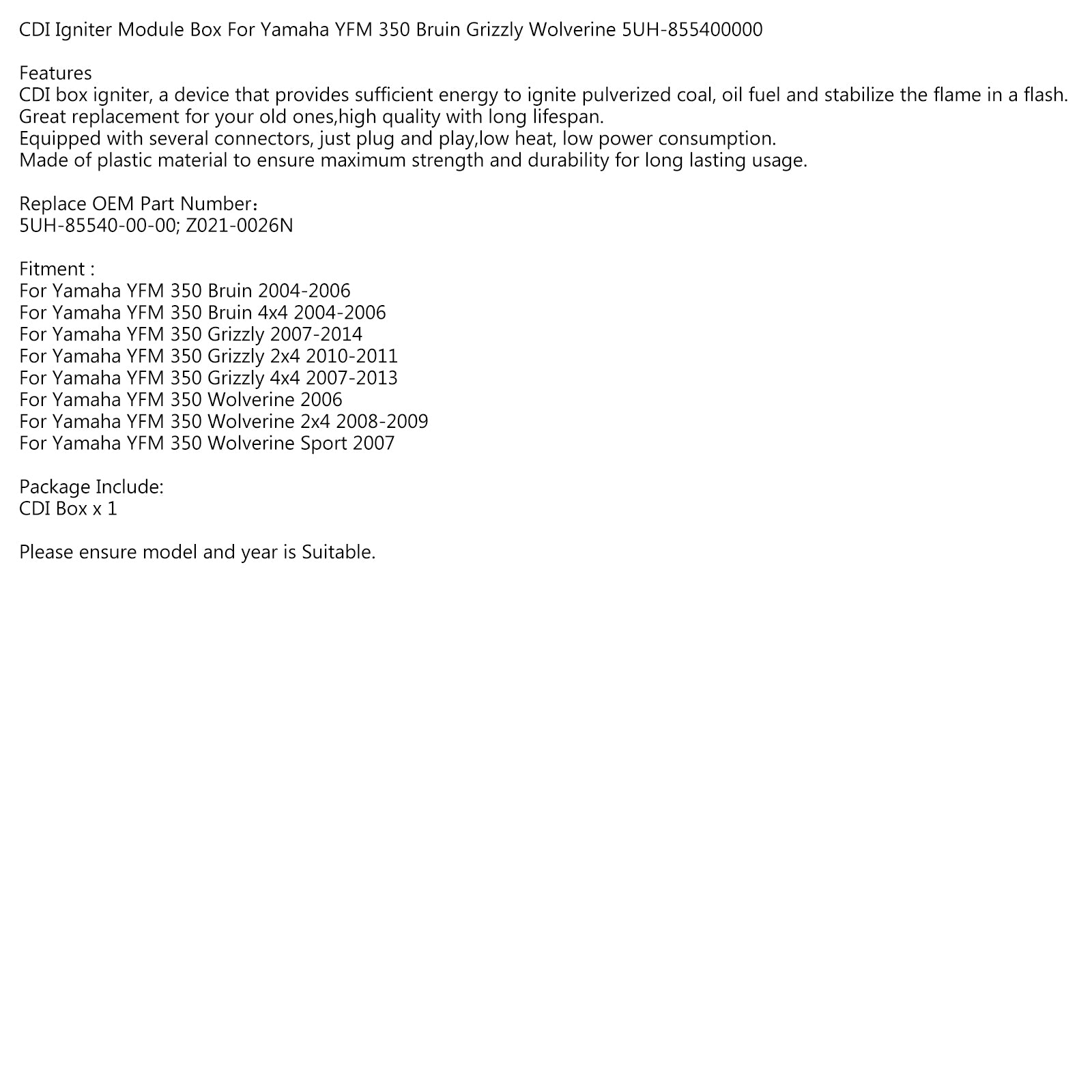 Scatola modulo accenditore CDI per Yamaha YFM 350 Bruin Grizzly Wolverine 5UH-855400000