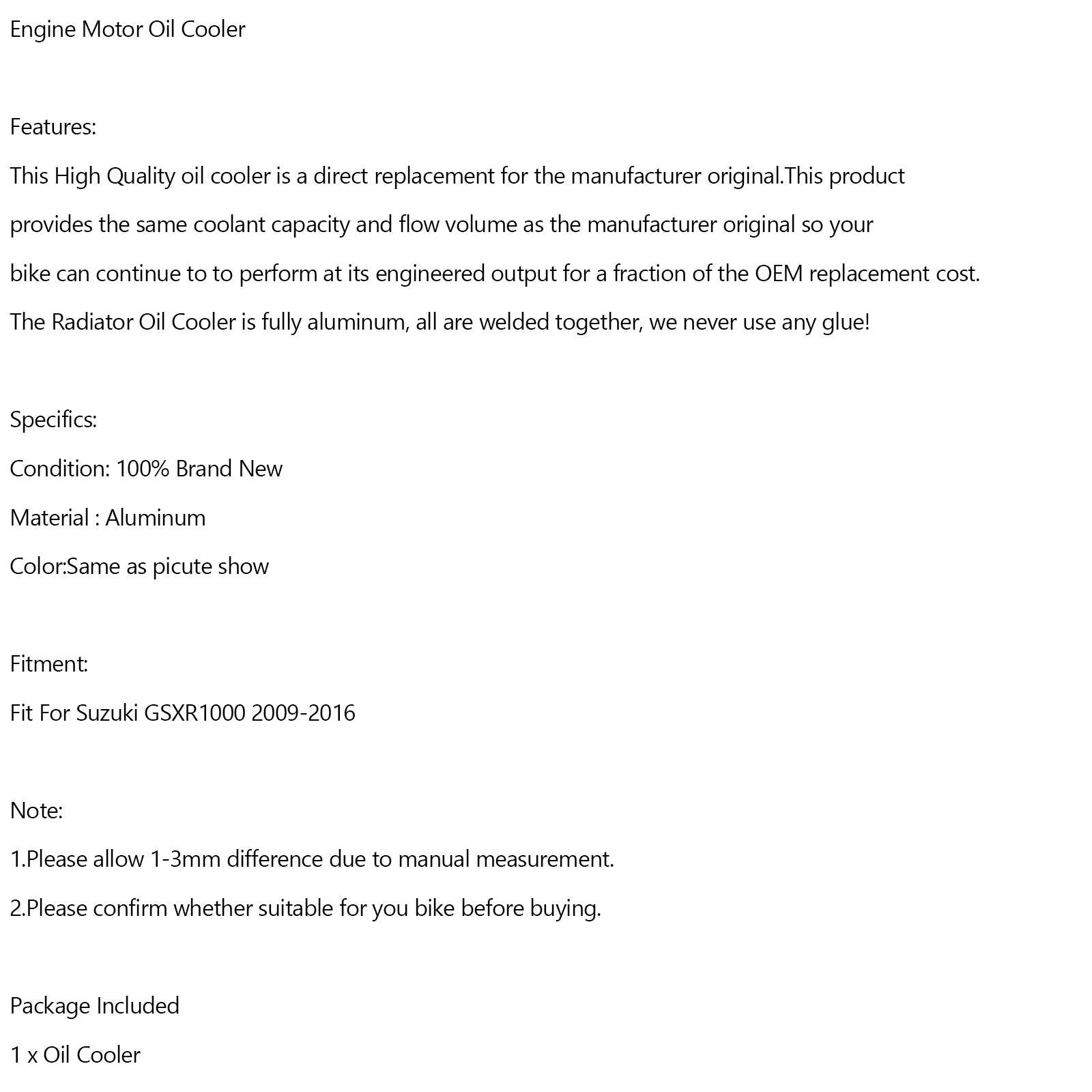 Aluminium motor Motoroliekoeler geschikt voor Suzuki GSX-R 1000 GSXR 2009-2016