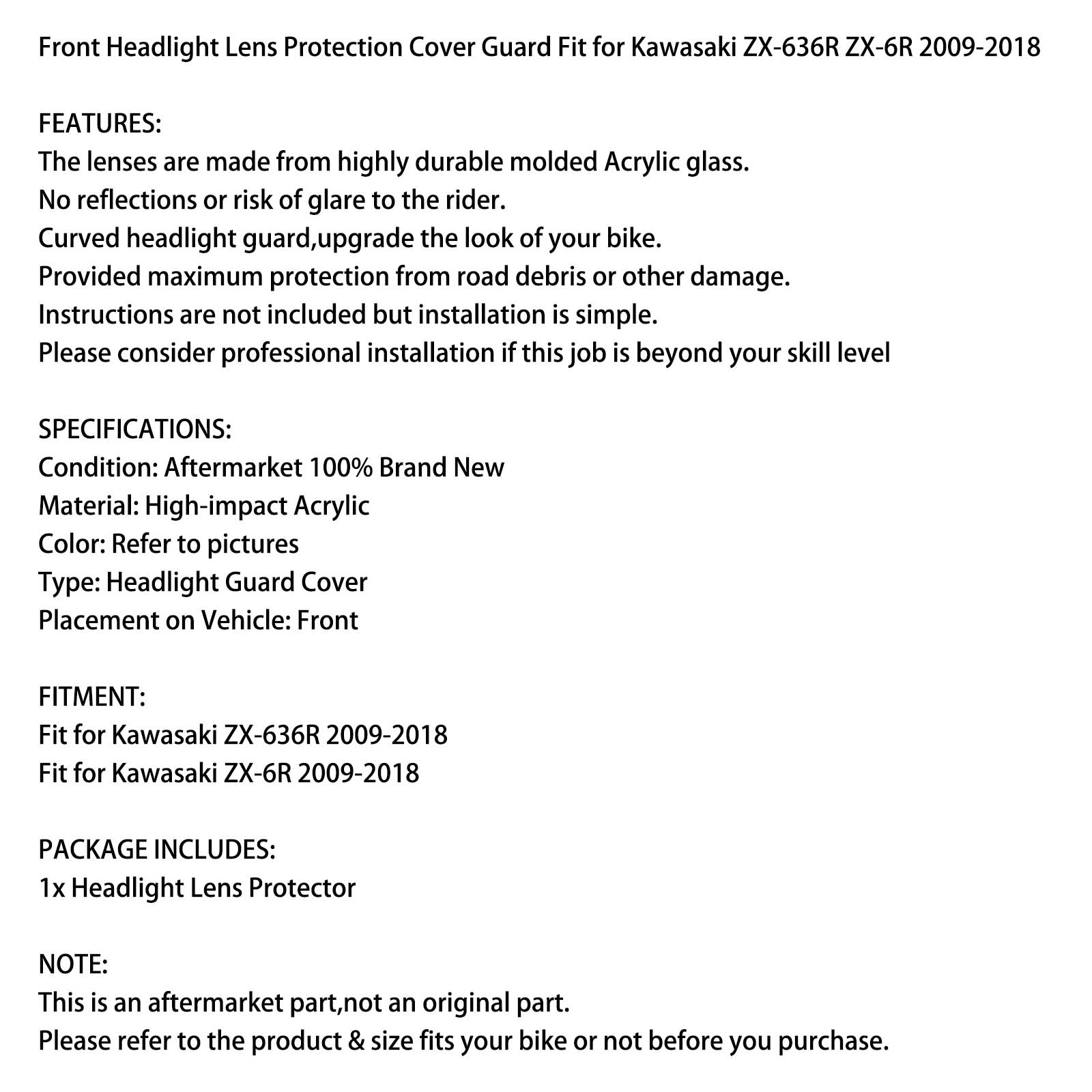 Protector de lente de faro delantero para Kawasaki Zx-636R Zx-6R 09-18, humo genérico