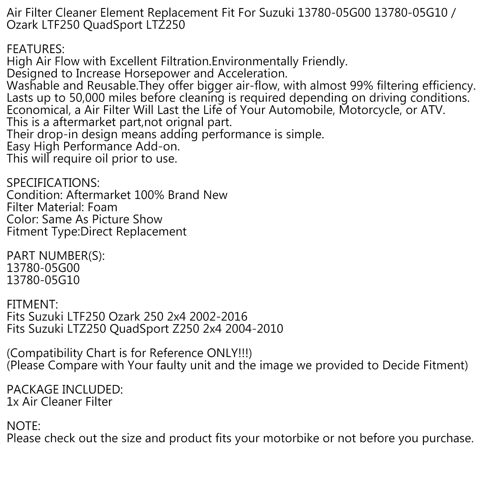 Pulitore filtro aria per Suzuki LTZ250 QuadSport 02-2016 LTF250 Ozark 2x4 04-2010