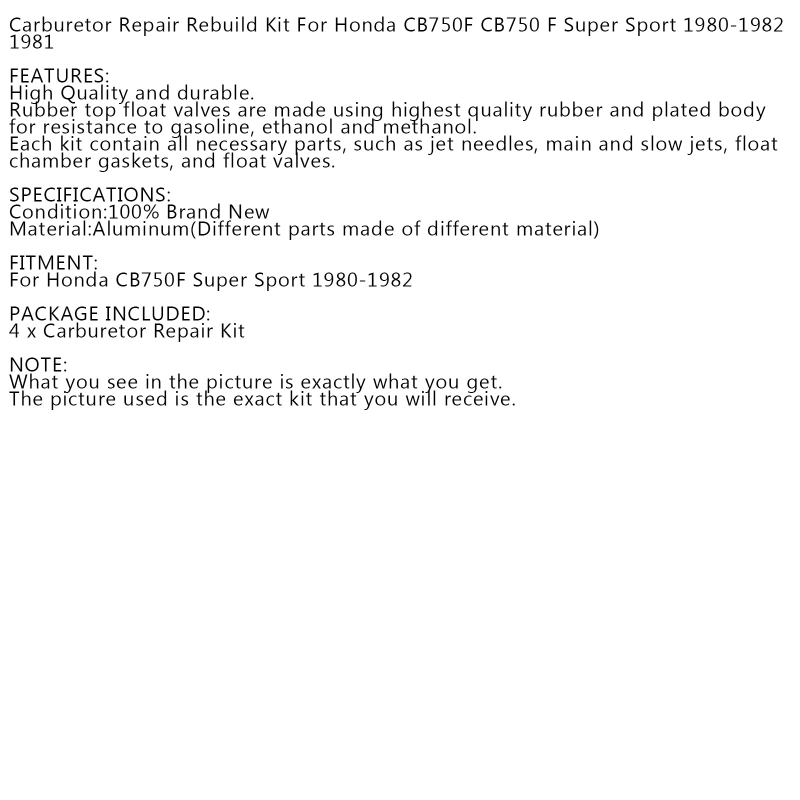 4PC Carburetor Repair Rebuild Kit für Honda CB750F CB750 F Super Sport 1980-1982