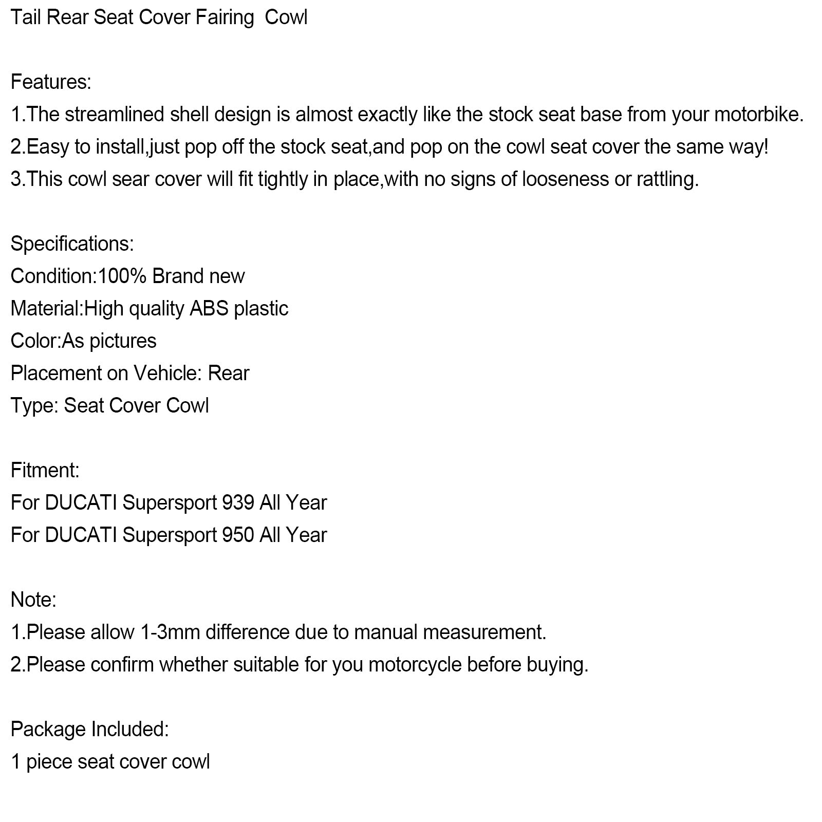 Ducati Supersport 939 950 Das ganze Jahr Heck Rücksitzabdeckungsverkleidungshaube Generikum